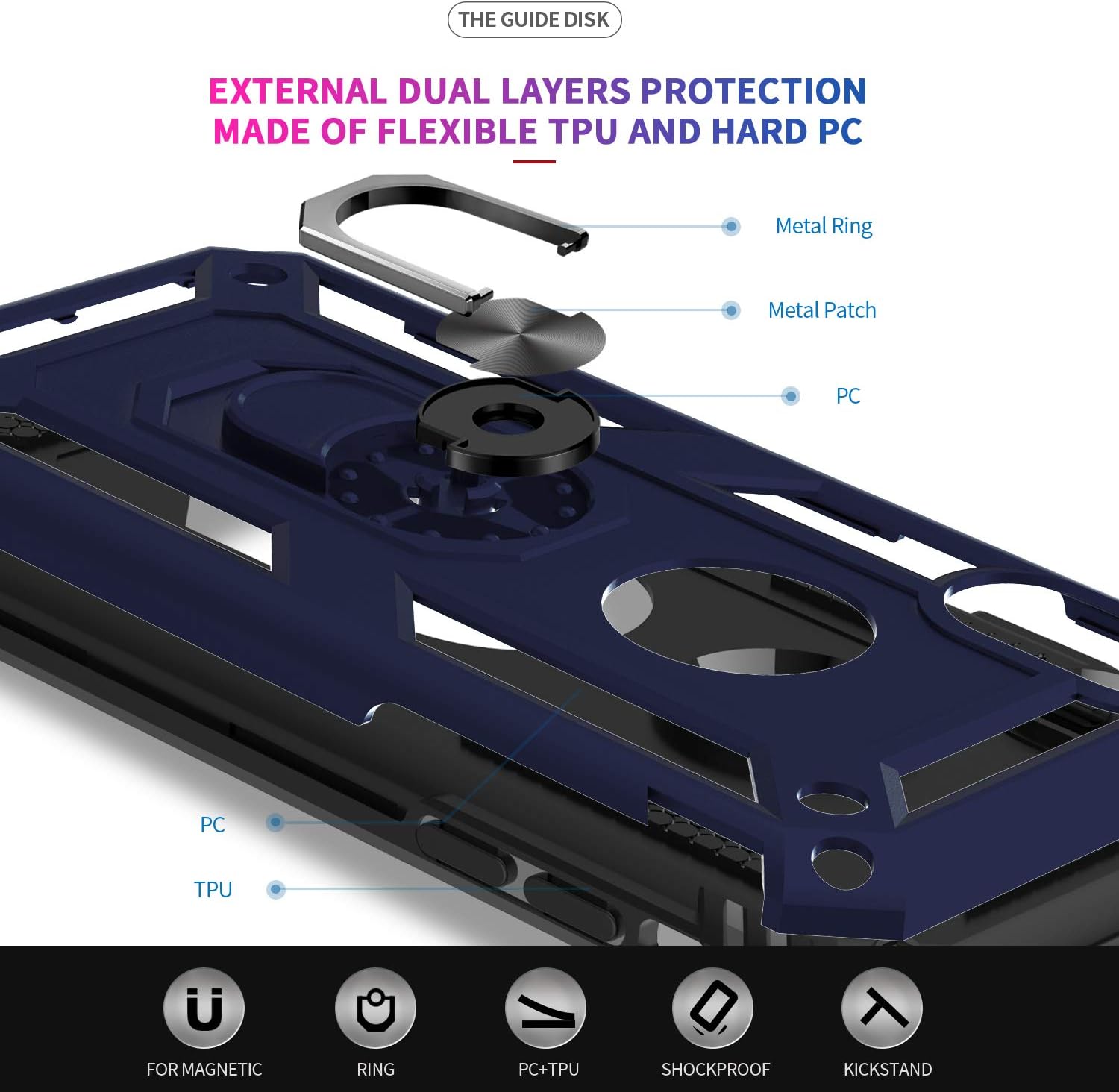 LeYi Compatible for iPhone 10 Case, iPhone X Case with Tempered Glass Screen Protector [2Pack] for Women Men, [Military-Grade] Phone Case with Ring Kickstand for iPhone X/Xs/10, Blue