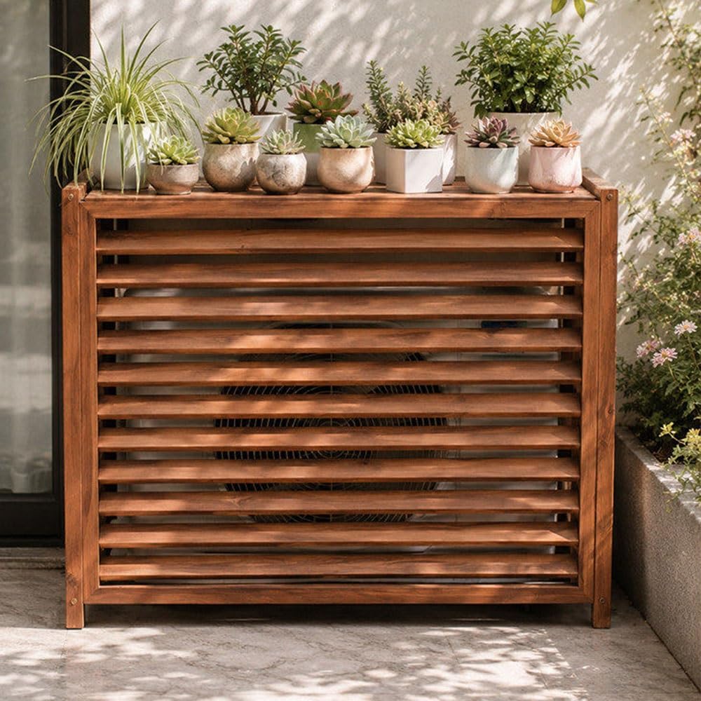 Cubre Aire Acondicionado Exterior De Madera Maciza, Cubierta Rejilla Soporte Flores La Unidad(100x43x94cm)