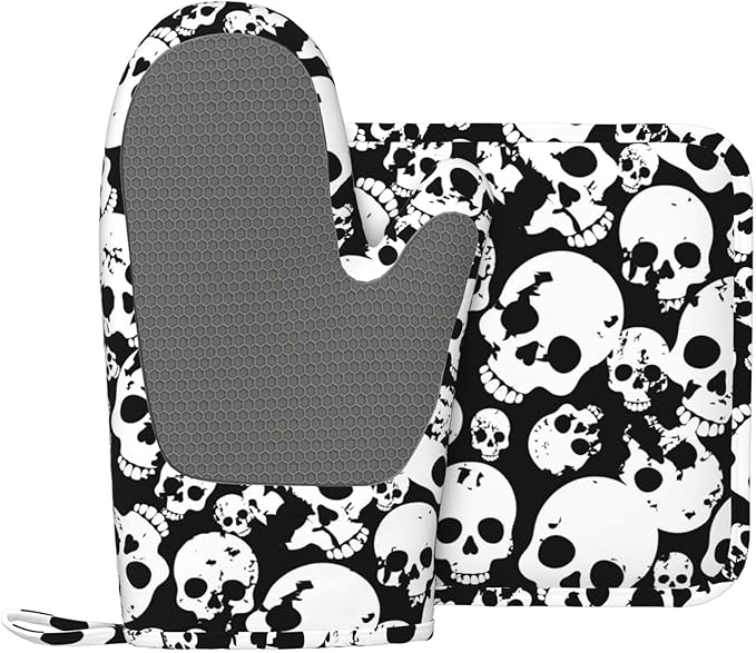 Skull Black and White Oven Mitts and Pot Holders Set of 2 Silicone Heat Resistant Oven Mitten Potholders Non Slip Gloves Kitchen Decor for BBQ Cooking Grilling Baking