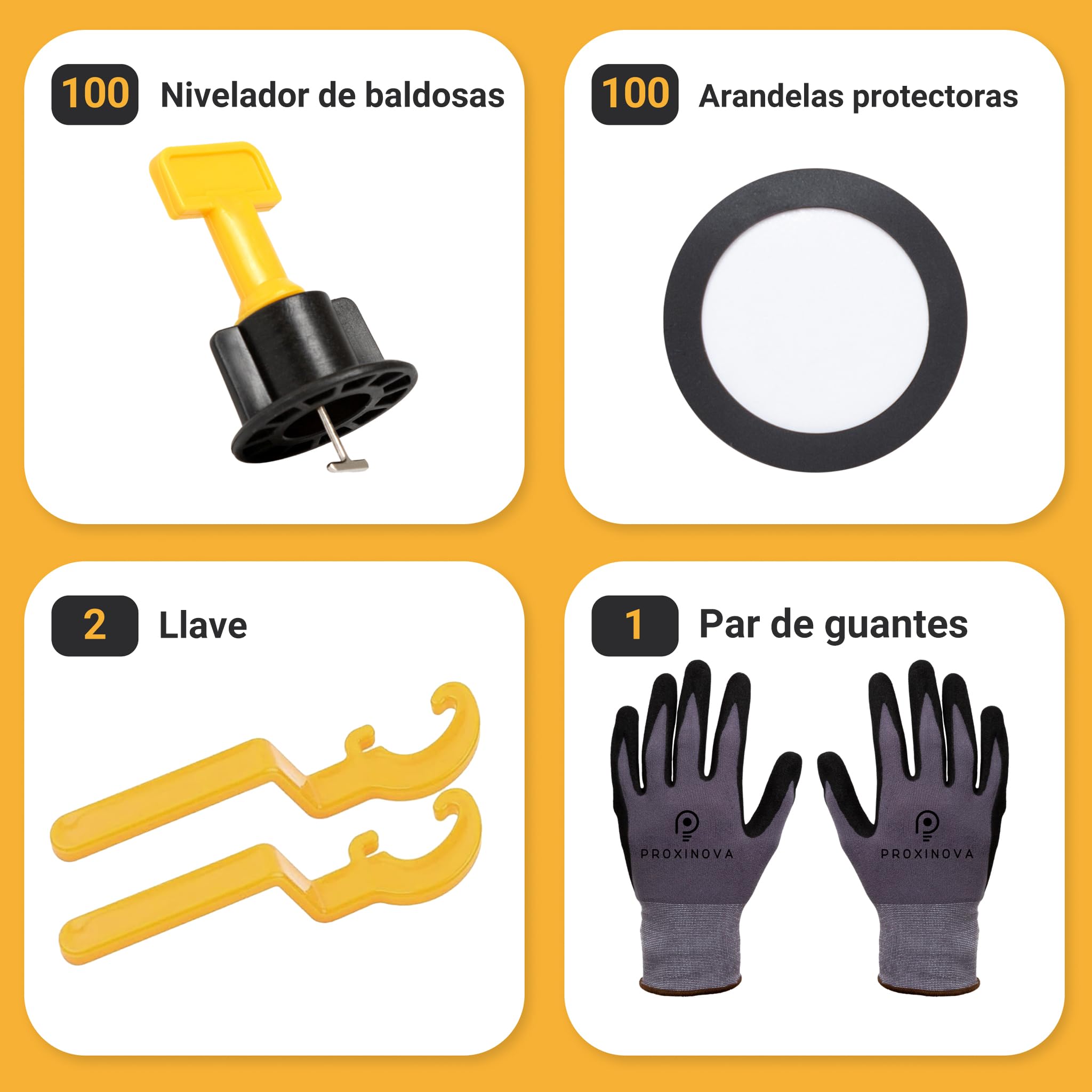 Kit Sistema de Nivelación de Azulejos Proxinova 100pcs, Separadores de Azulejos, Sistema Anti-Rasguños, 2 Llaves, Guantes de Trabajo, 100 T-Pines