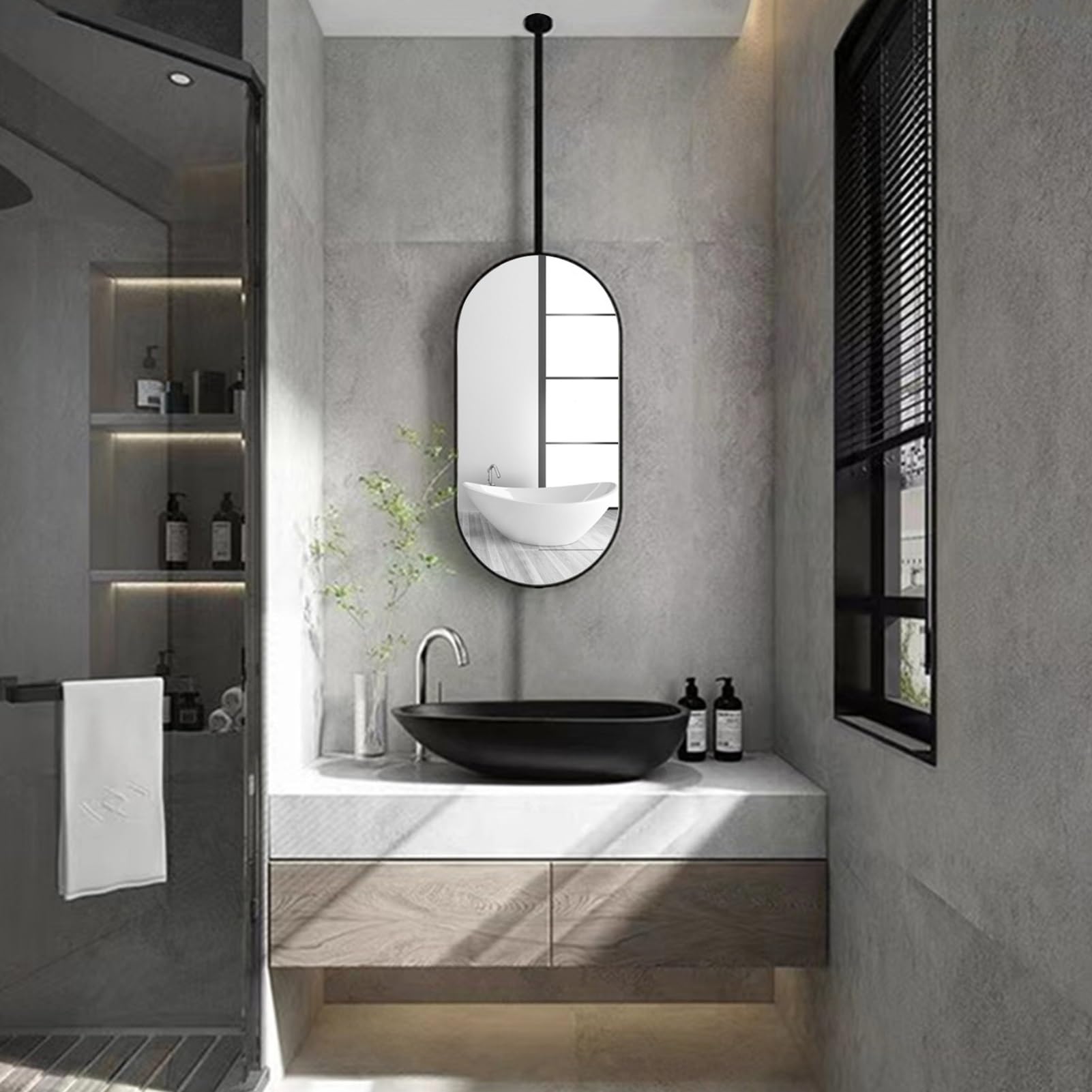 BKSXSOP Oval Black Metal Ceiling Mirror - Stylish Hanging Glass Decor with Customizable Rod, Perfect for Bathroom Vanity, Makeup & Shaving Size: 50cm x 70cm