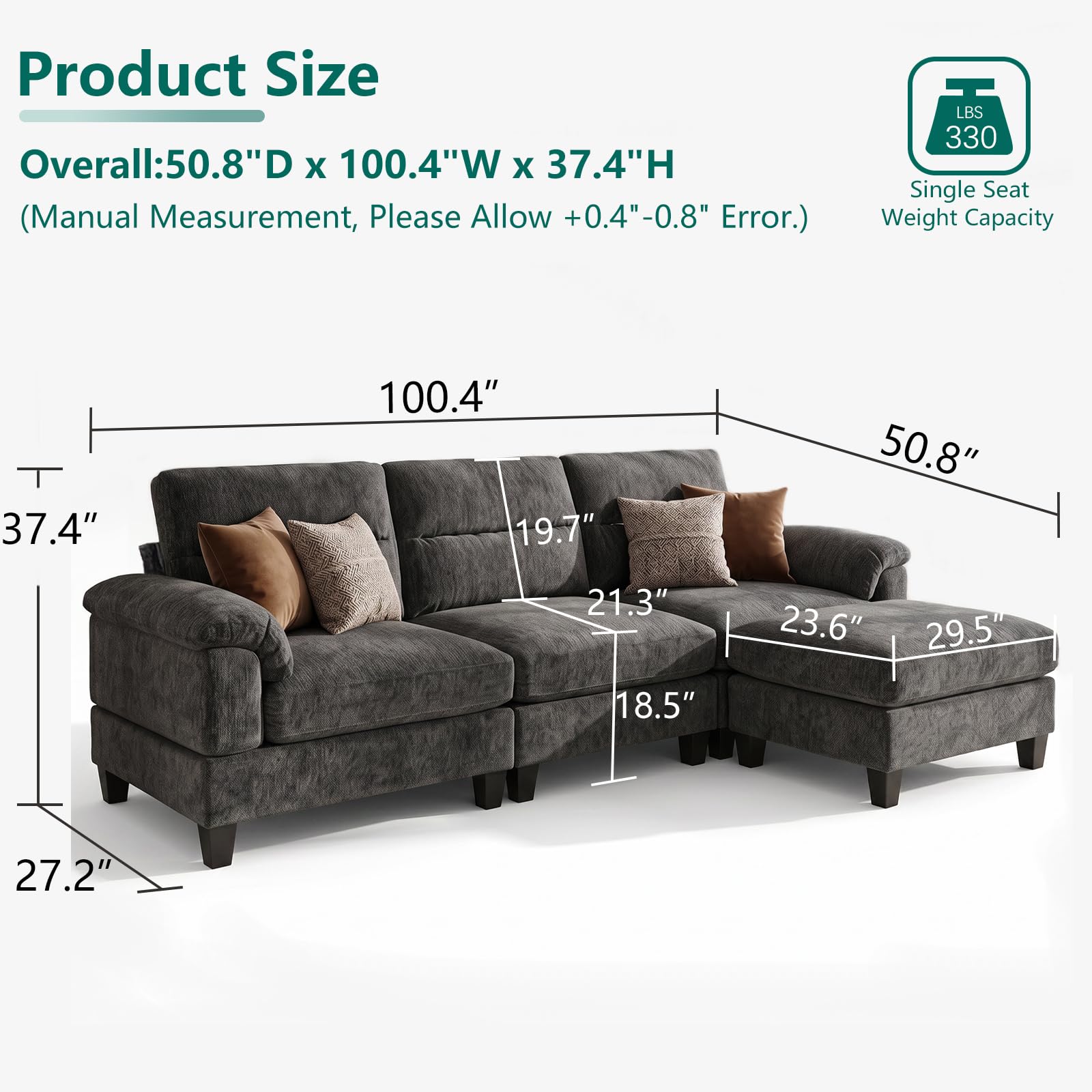 100.4" L-Shaped Modular Cloud Couch, Sectional Couches for Living Room | Cloud Comfort, Cozy Armrest Pillows, Elegant Chenille, Freely Modular, Quick Assembly, Dark Gray