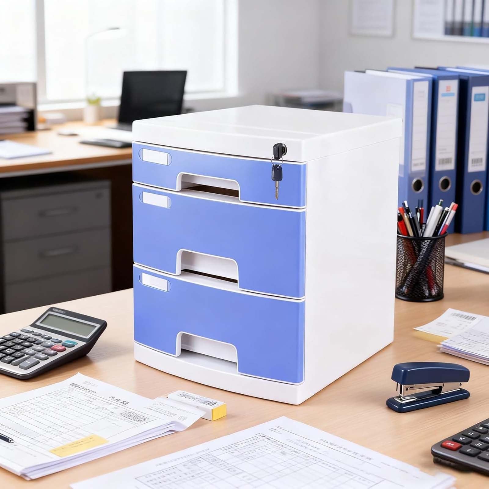 Armario de almacenamiento de plástico, organizador de 3 niveles para documentos A4, soporte de archivos con cerradura para el hogar y la oficina, ideal para organizar suministros y artículos de