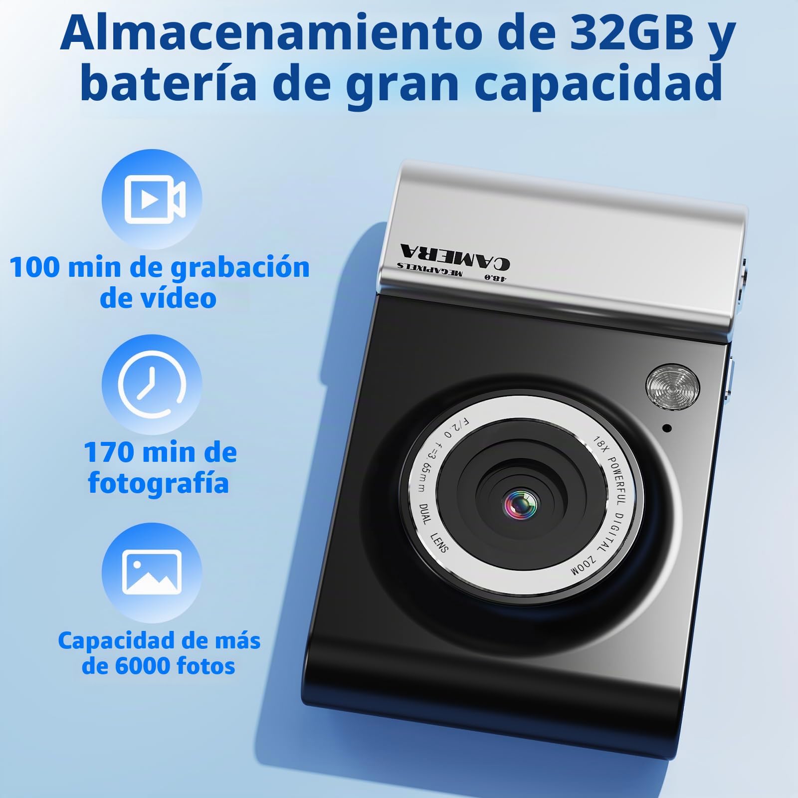 Cámara digital 4K 64MP FHD cámara fotográfica para niños, zoom digital de 18 x cámara compacta con pantalla de 2,4 pulgadas, antivibración, flash LED, tarjeta SD de 32 GB, cámara de fotos para niños