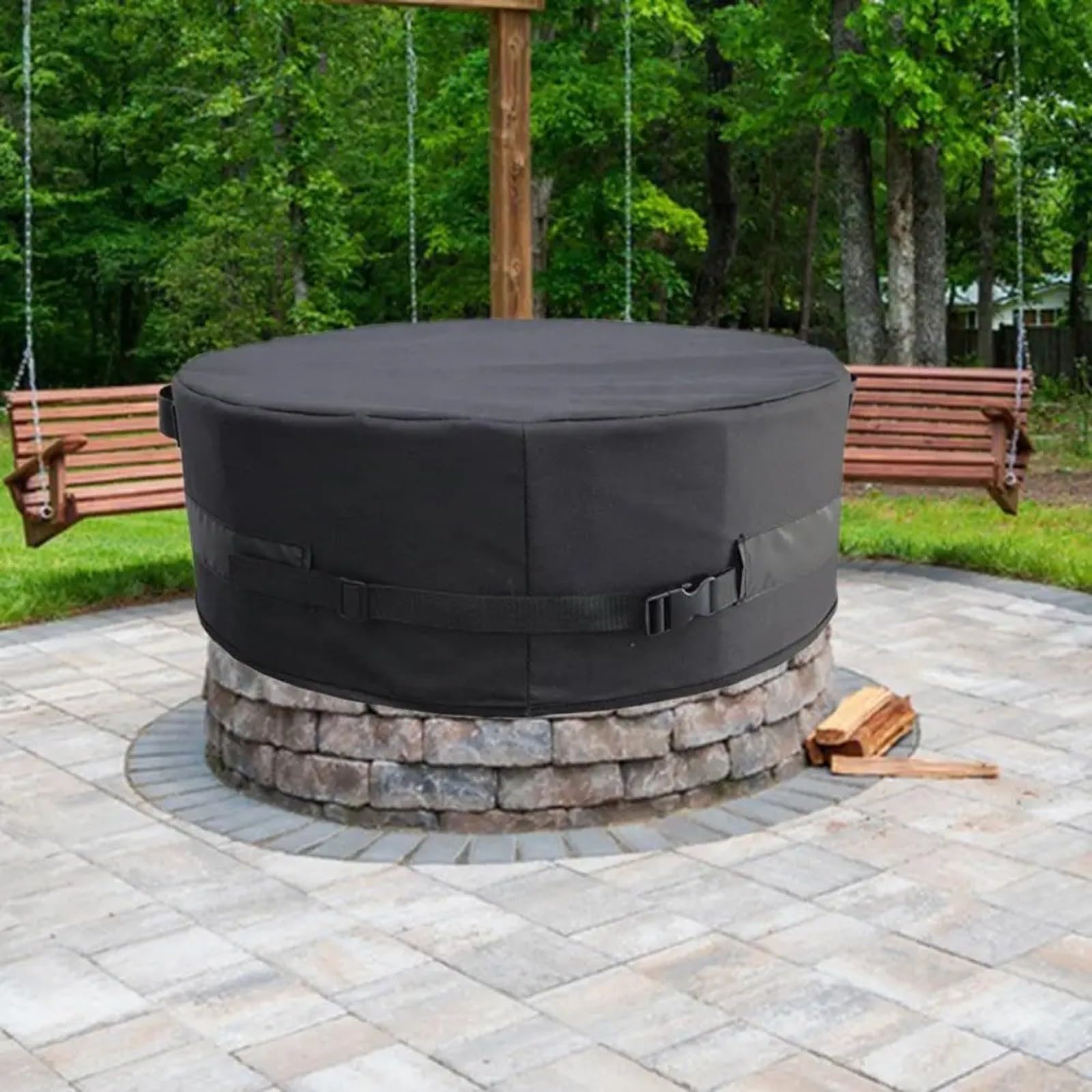 Housse de protection ronde de 130 cm résistante aux intempéries avec sangles sécurisées, tissu Oxford robuste pour brasero enterré en pierre, protection toutes saisons
