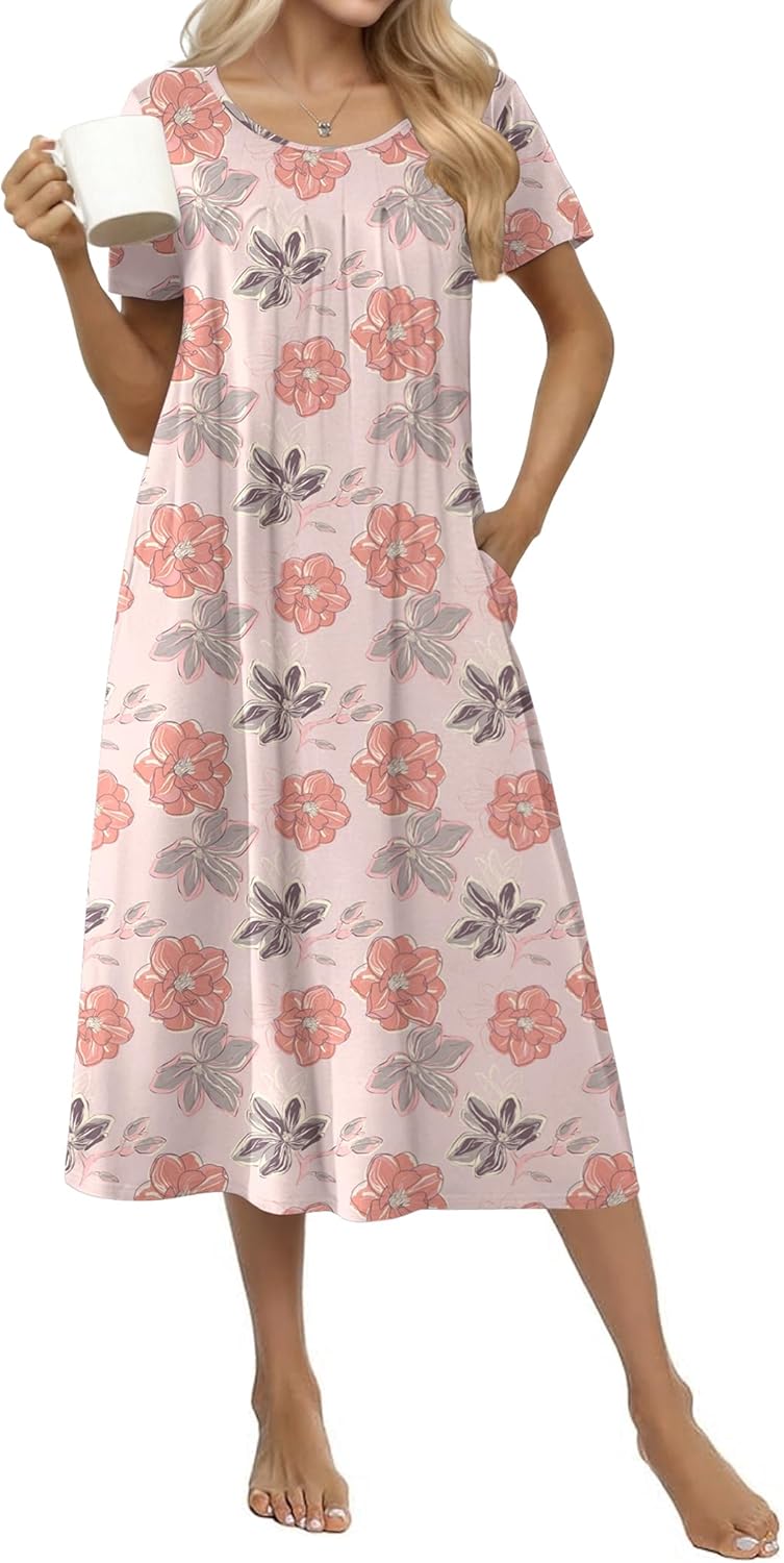 Ekouaer Cotton Nightgowns for Women Long House Dresses with Pockets Plus Size Night Gowns Short Sleeve Night Shirts S-3XL