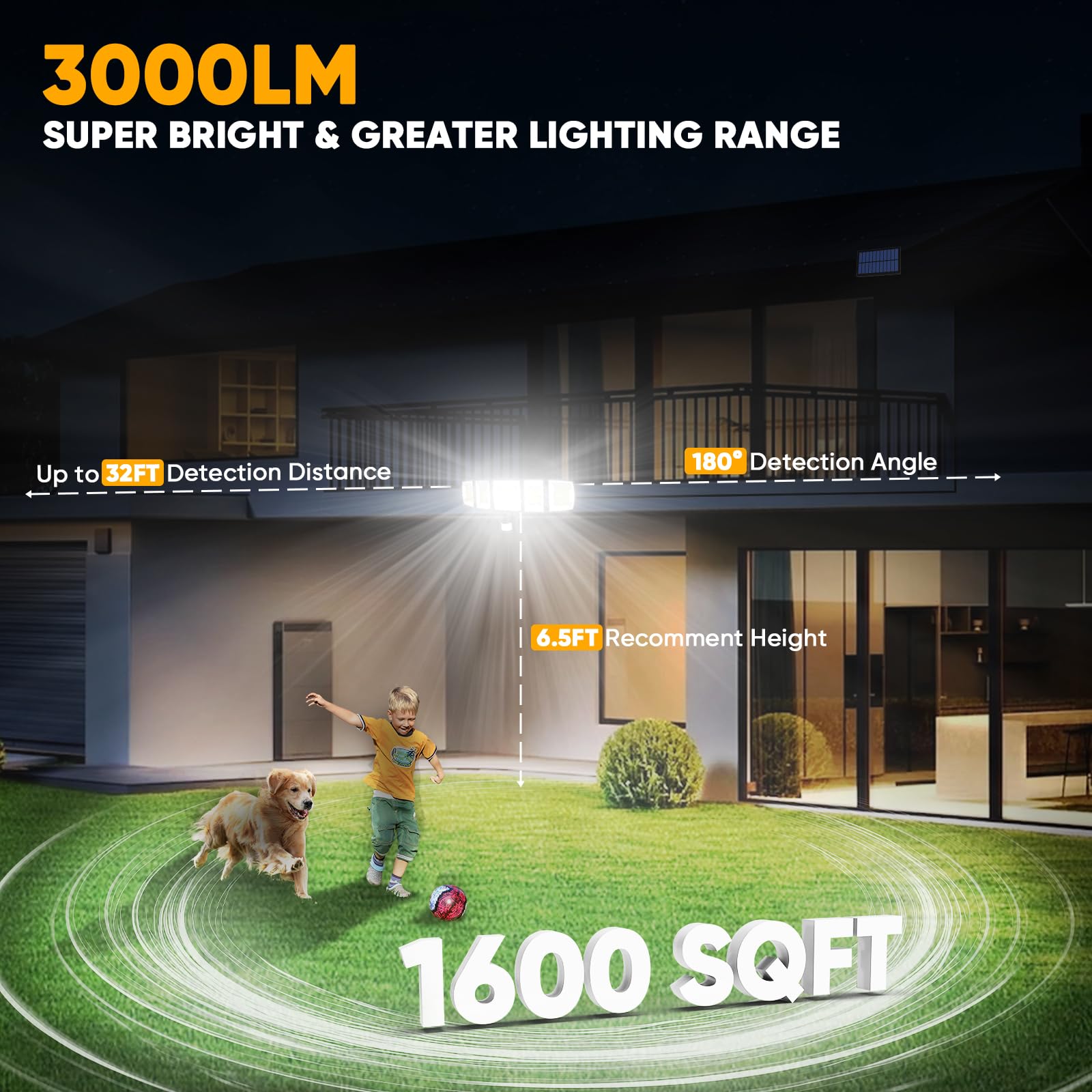 Luci solari per esterni con sensore di movimento, 3000 lumen, con cavo da 5 m, 3 luminosità, 3 modalità di sicurezza, luci solari per esterni, 10 m