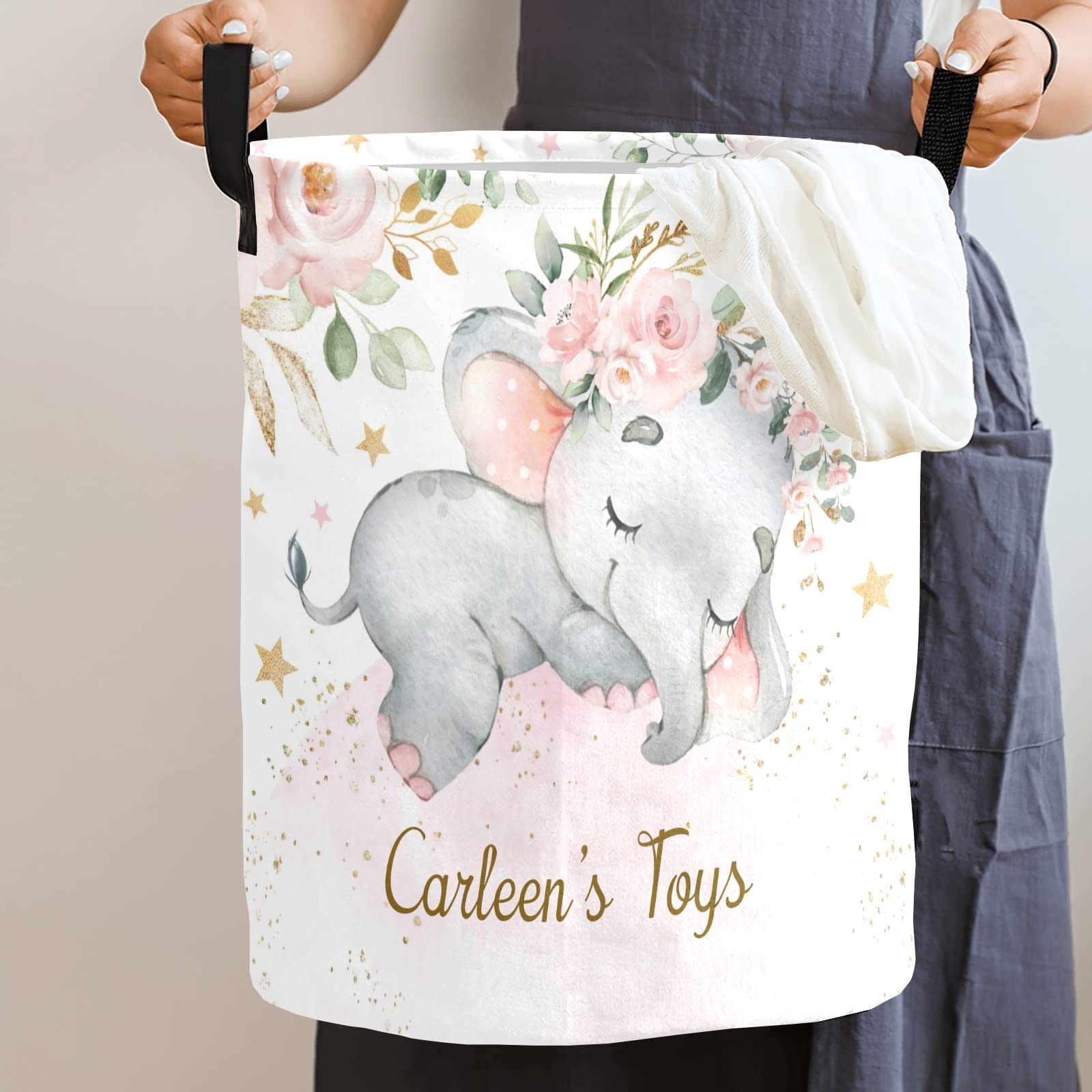 Personalized Laundry Basket, Pink Floral Elephant Custom Storage Bins Laundry Hamper with Name Collapsible Toys Organizer