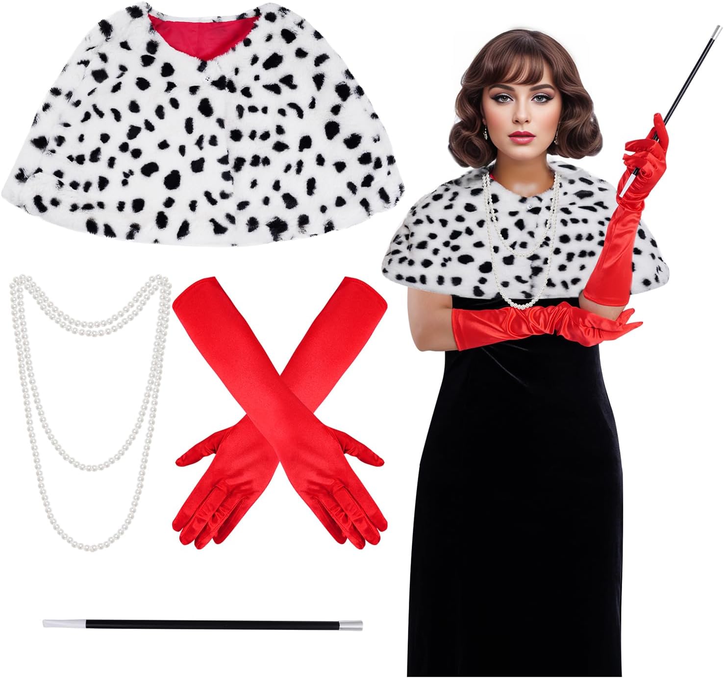 4 Pack Halloween Dalmatian Costume Women, Black and White Dalmatian Shawl Scarf, Red Glove,Faux Pearls Necklace for Adult Diva Fancy Dress Costume Accessories