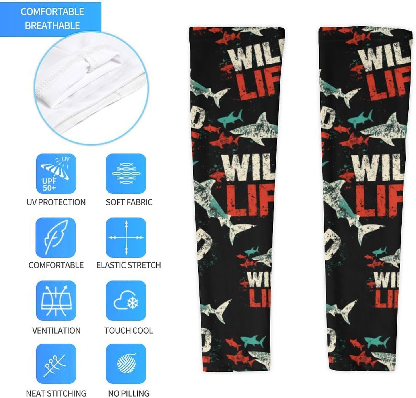 Wild Life Shark Arm Sleeves Cooling Sun Protection Sports Compression for Golf Basketball