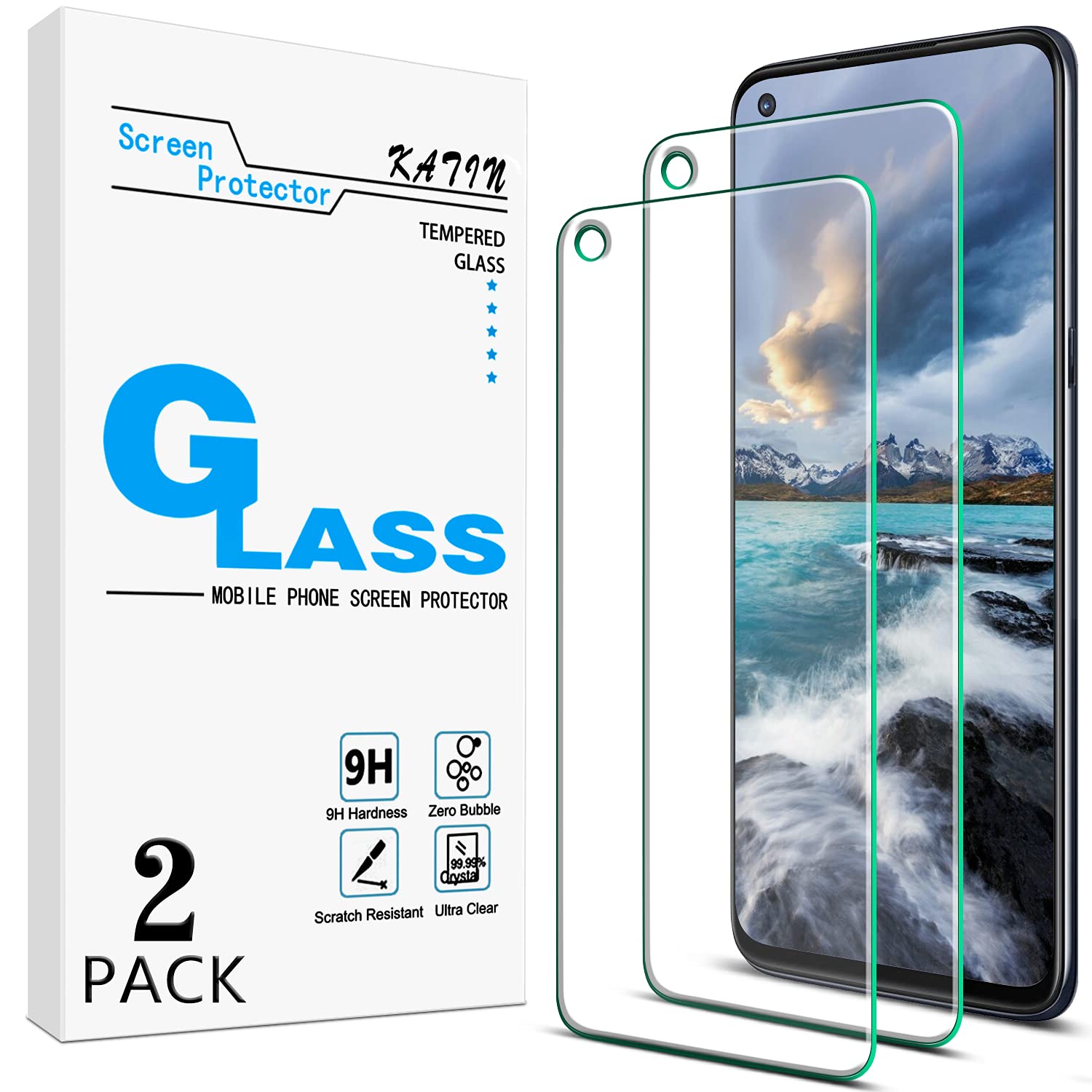 [2-Pack] KATIN For OnePlus Nord N100 Tempered Glass Screen Protector No-Bubble, 9H Hardness, Easy to Install