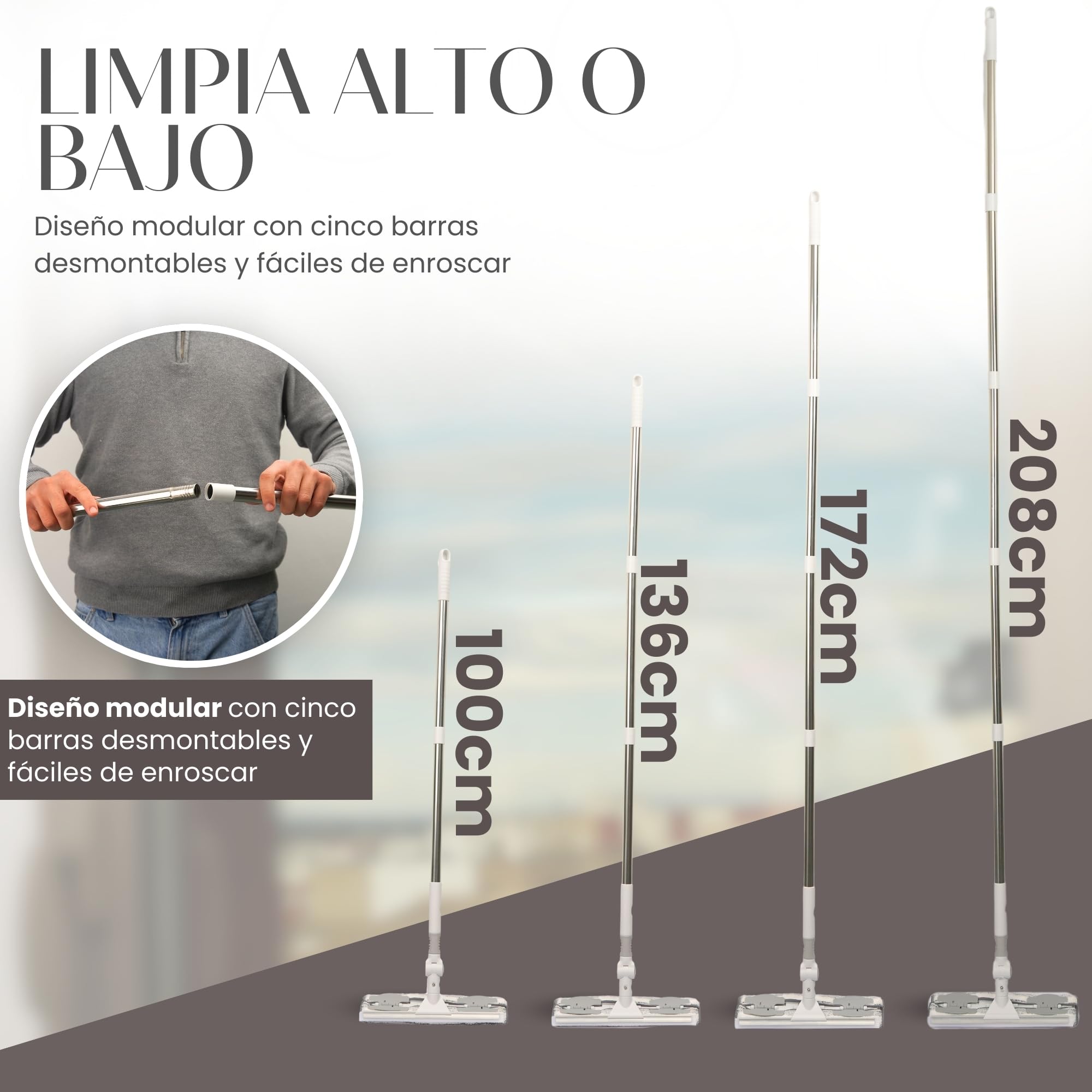 Kit Limpia Cristales Profesional con Palo Largo Extensible 2 en 1 (208 cm) | Rasqueta Limpiacristales Articulada para Ventanas | Cabezal Desmontable para Limpiar Ducha