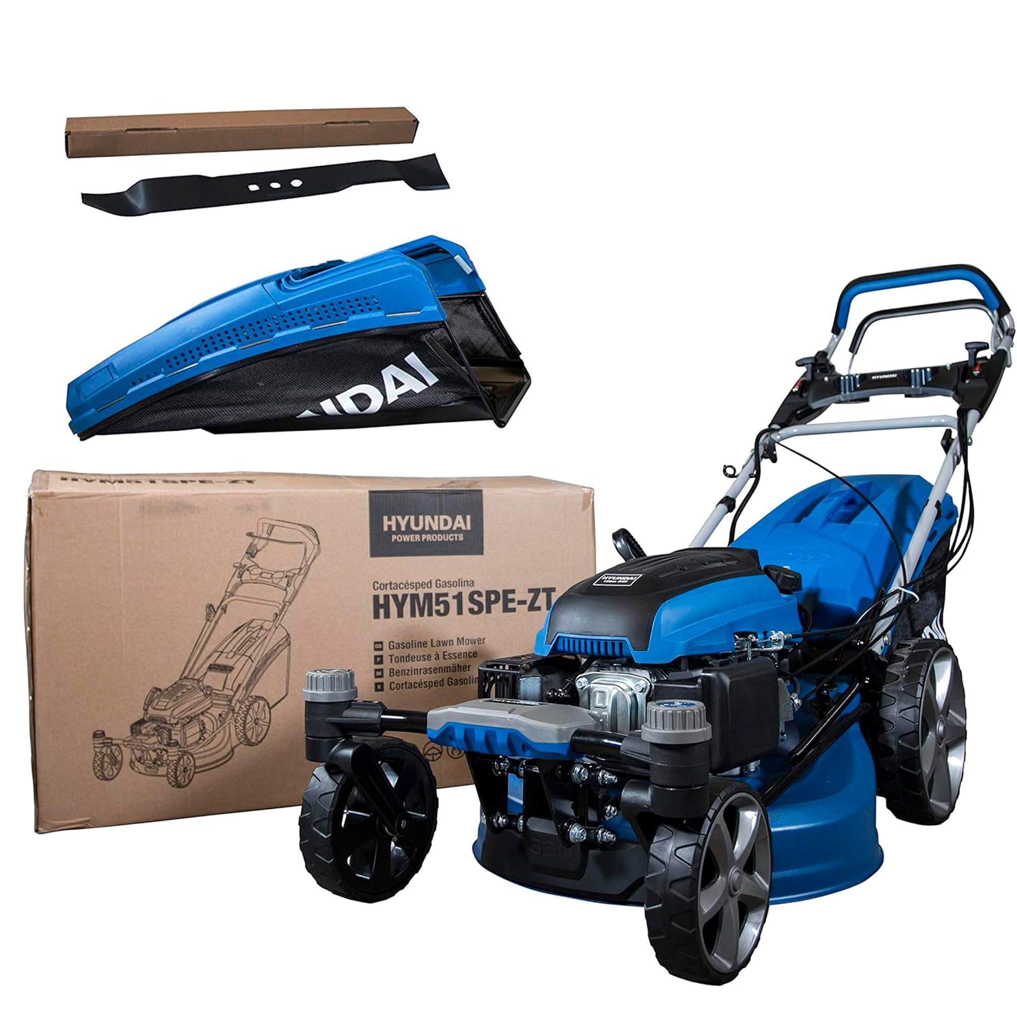 Hyundai Cortacésped Gasolina Autopropulsado Mulching 51 cm Profesional - Cortacésped con Arranque Eléctrico y Giro 360º Fácil Manejo - Máquina Cortar Césped Potente para Jardines Grandes