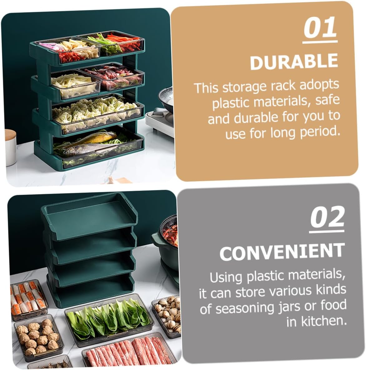 Three-Layer Kitchen Storage Stand Vegetable Tray Holder with Drainage Rack, Detachable Multi-Layers Condiment Organizer for Hot Pot and Food Serving, Green