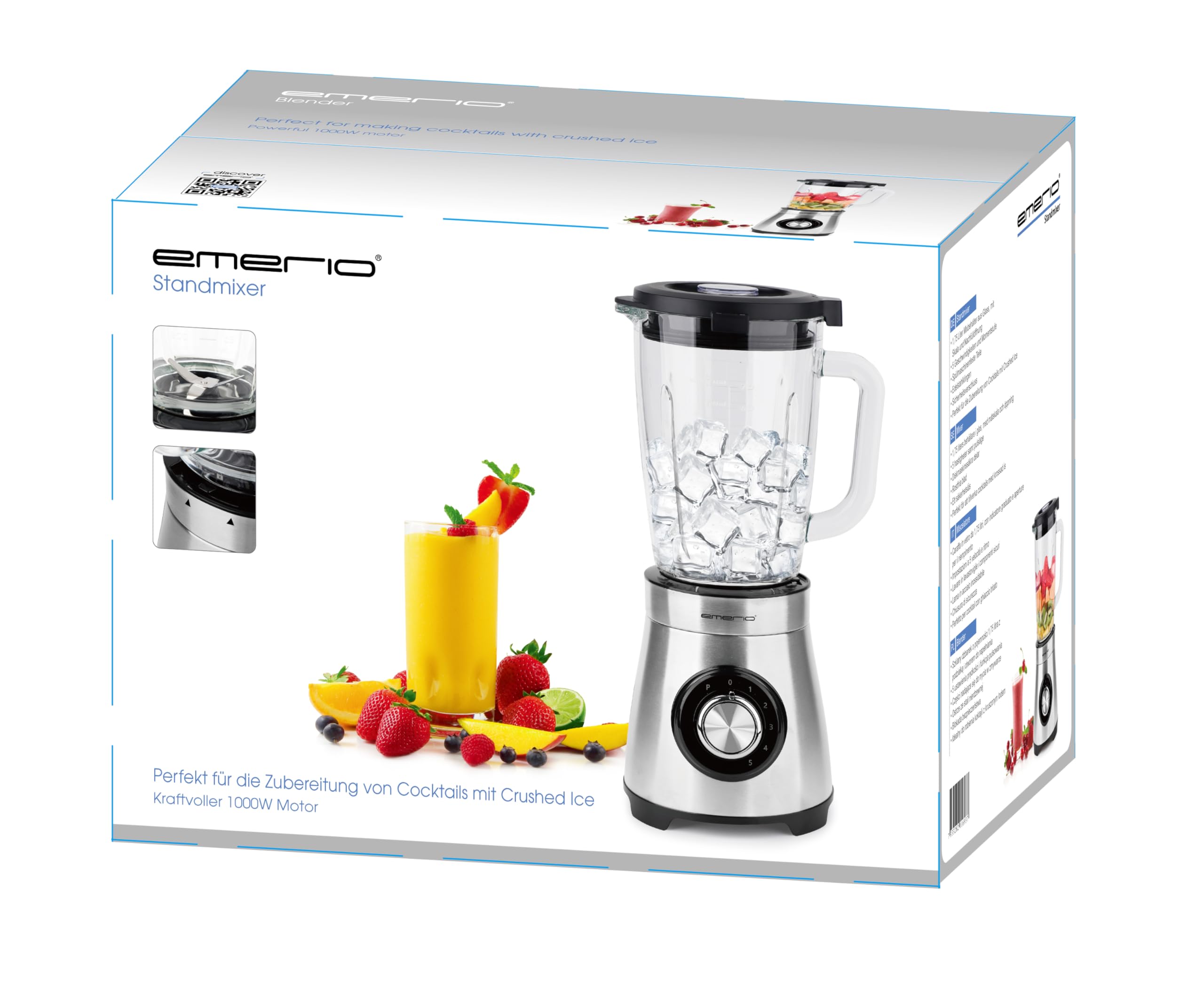 EMERIO Standmixer | 1.75L Glasbehälter | 1000 Watt Power | Crush Ice Funktion | 5 Geschwindigkeiten + Pulse Funktion | 4 Messer aus Edelstahl | 2 Sicherheitsschalter in Krug & Deckel | BL-126794