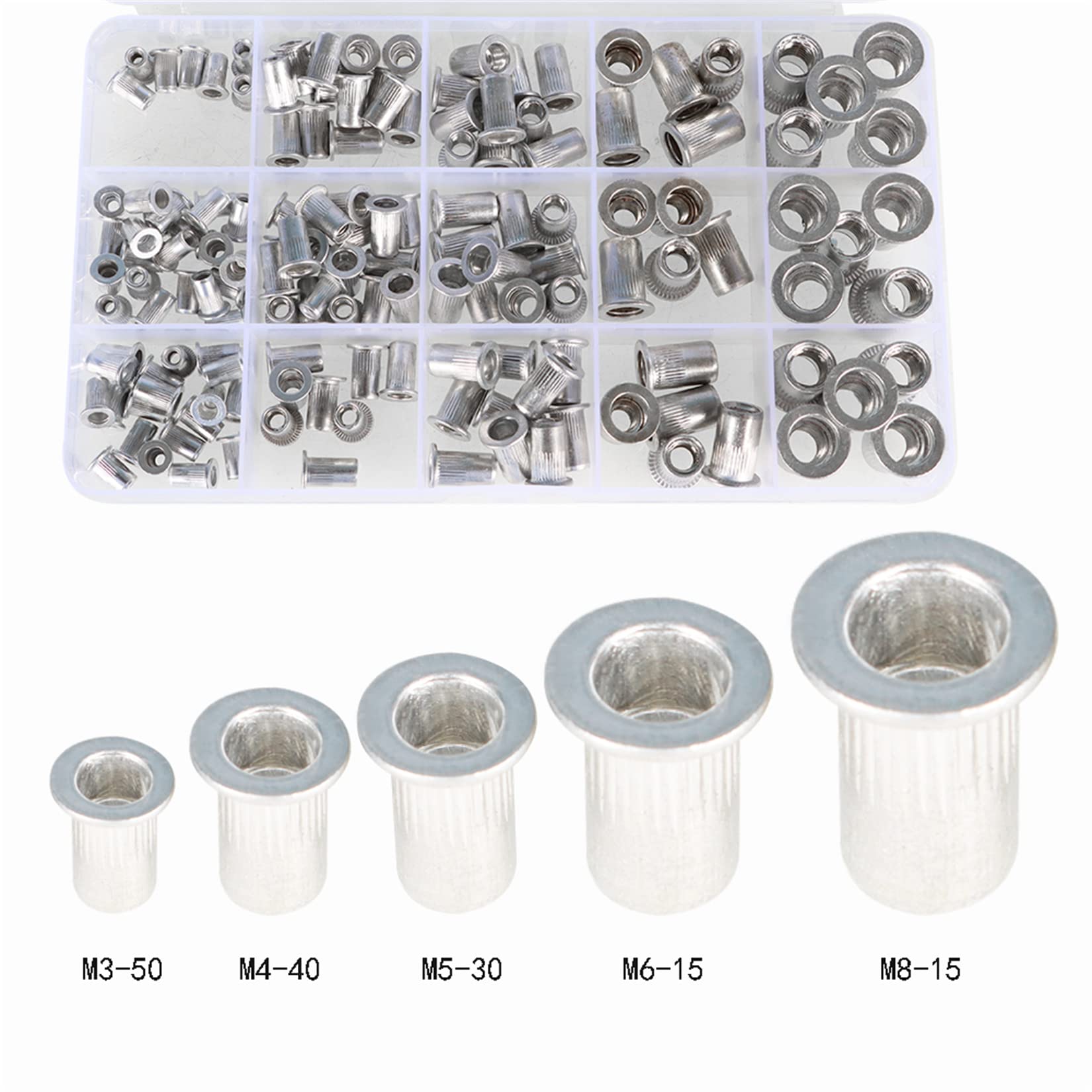 findmall 150Pcs Rivet Nuts Kit Metric Aluminum Flat Head Threaded Rivet Nut Insert Nutsert Nuts Assortment Kit M3 M4 M5 M6 M8