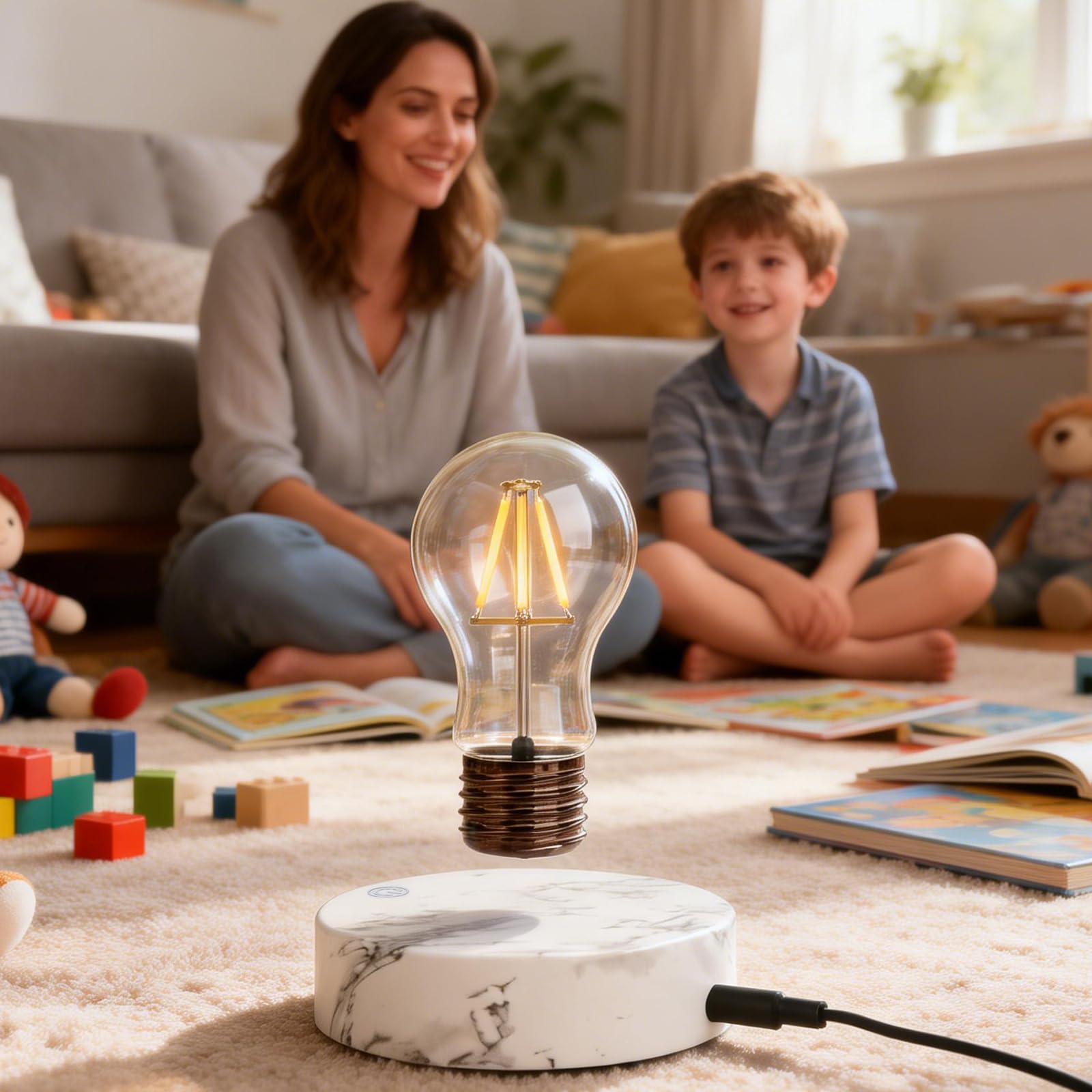 Magntive Schwebende Lampe, schwimmende schwebende Glühbirne mit rundem Marmorsockel, Schreibtischlampe, kabellose schwimmende LED-Lampe, einzigartiges Geschenk, modernes minimalistisches Nachtlicht