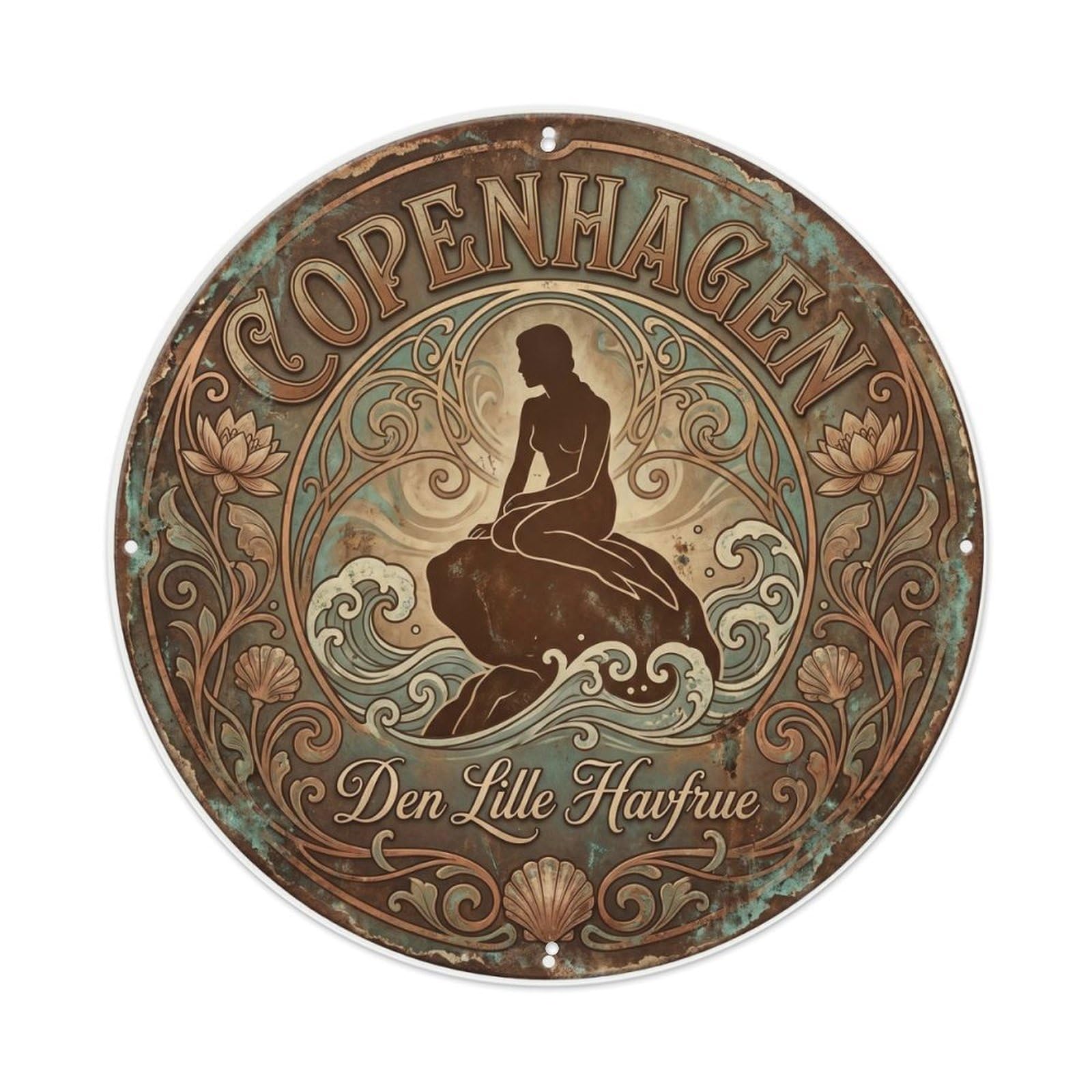 Vintage Travel Mermaid Denmark Metal Tin Sign Plaque Wall Decor for Cafe, Club Bar, Office, Home Garden Round Metal Poster 8x8Inch