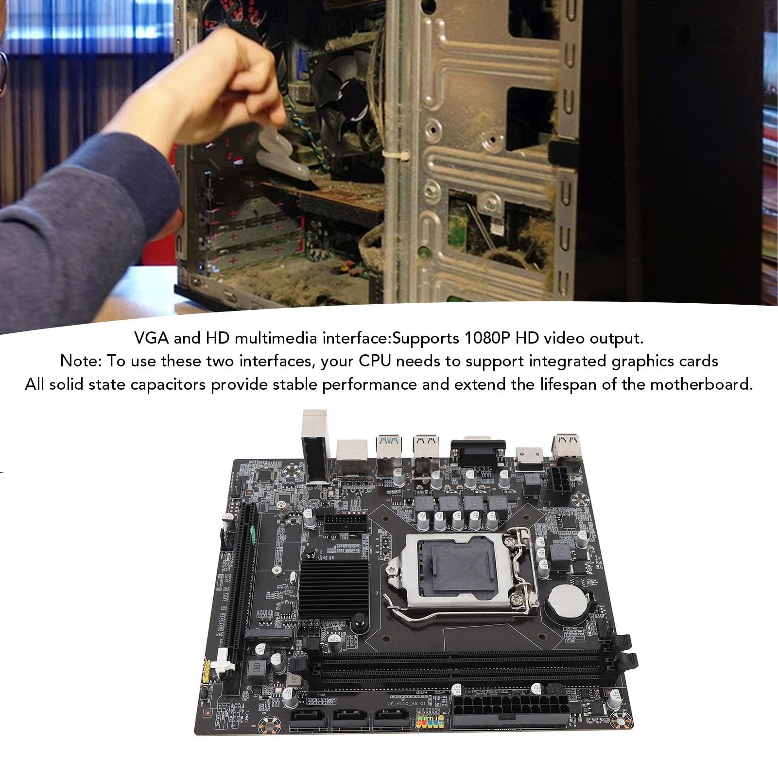 VBESTLIFE Płyta Główna Komputerowej H110, DDR4 USB3.0 M.2 NVME Gaming Mainboard z Interfejsami Wyświetlaczów VGA HD, dla LGA 1151 Celeron Core
