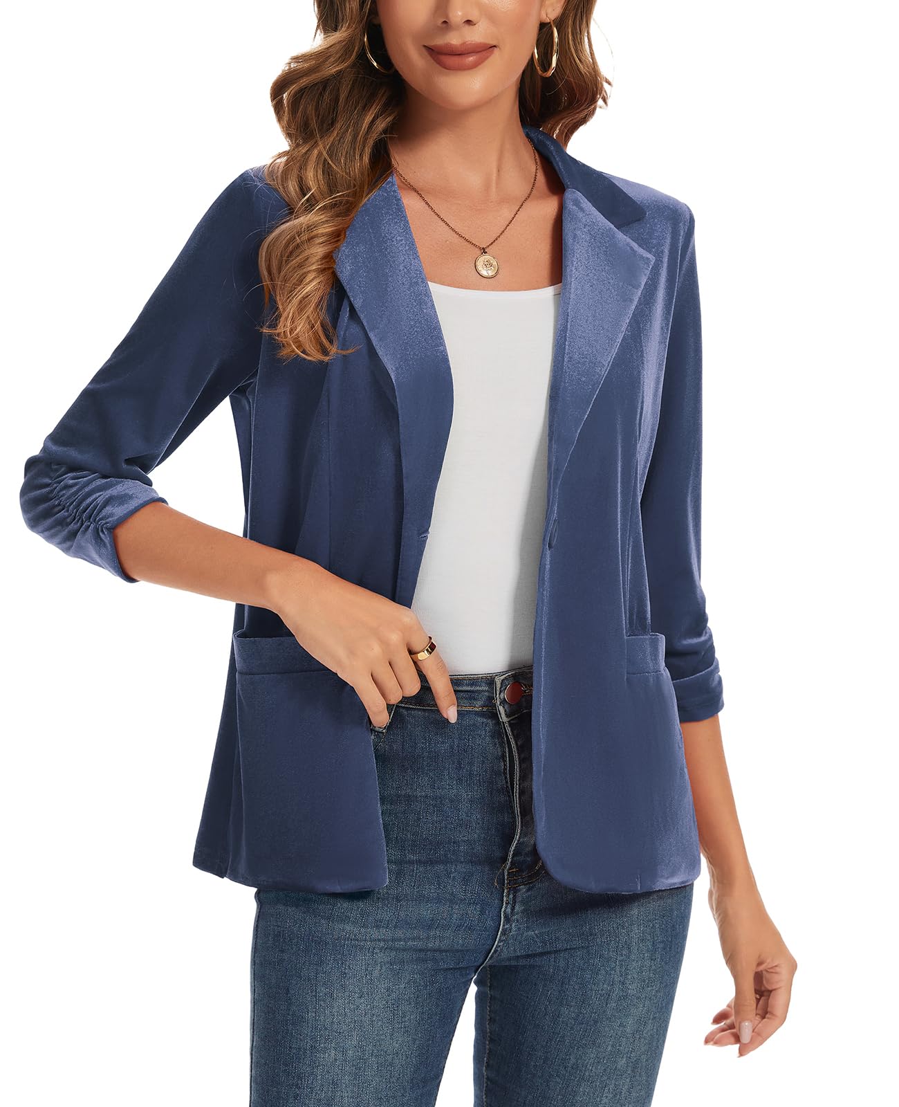 MINTLIMIT Womens Velvet Blazer Ruched 3 4 Sleeve Jacket Notch Lapel Button Open Front Casual Blazers with Pockets