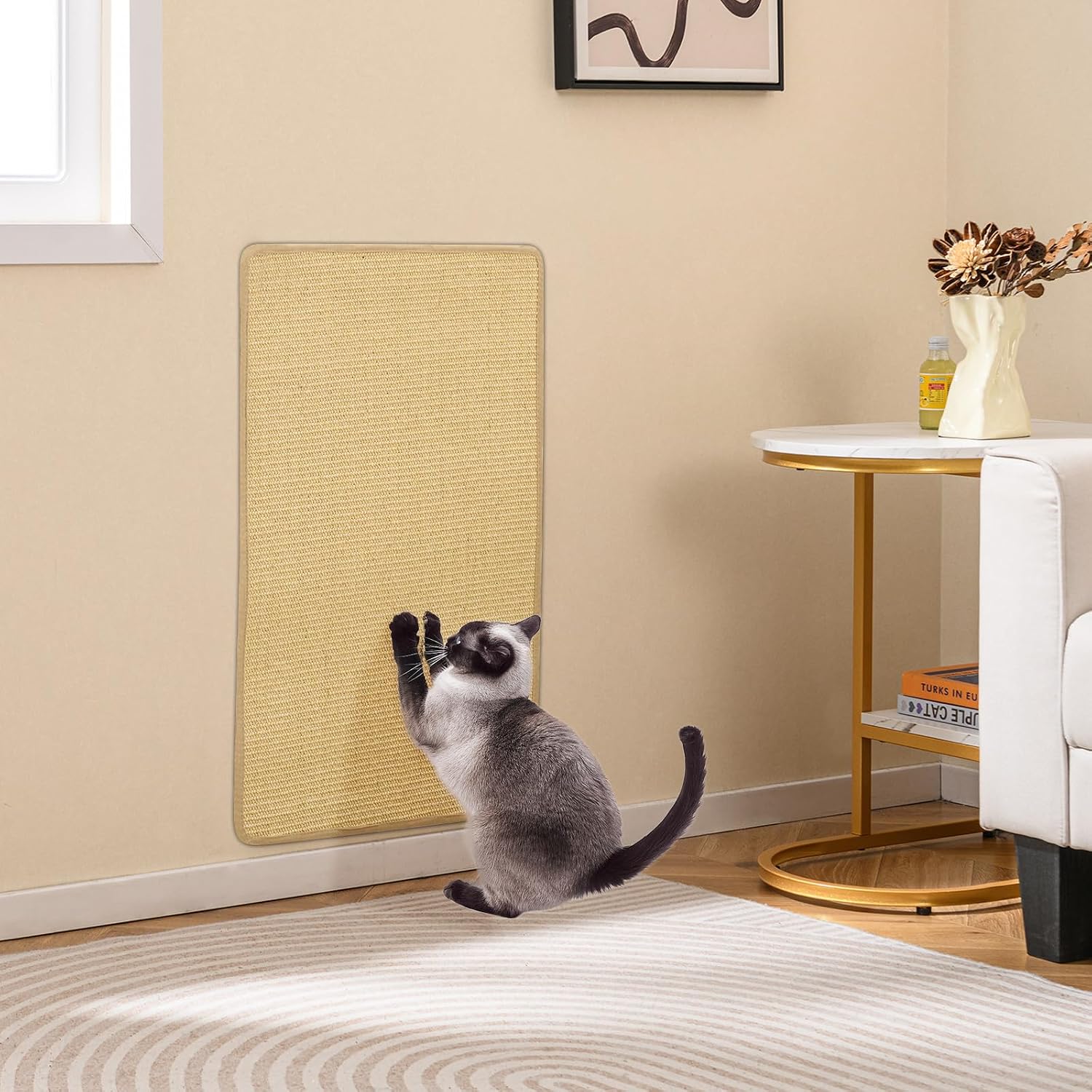 PETSITE Cat Scratcher Mat, Natural Sisal Scratching Mats, Horizontal Cat Floor Scratching Pad Rug with Adhesive Hook Loop Tapes (4, 31.5 x 19.69 in)
