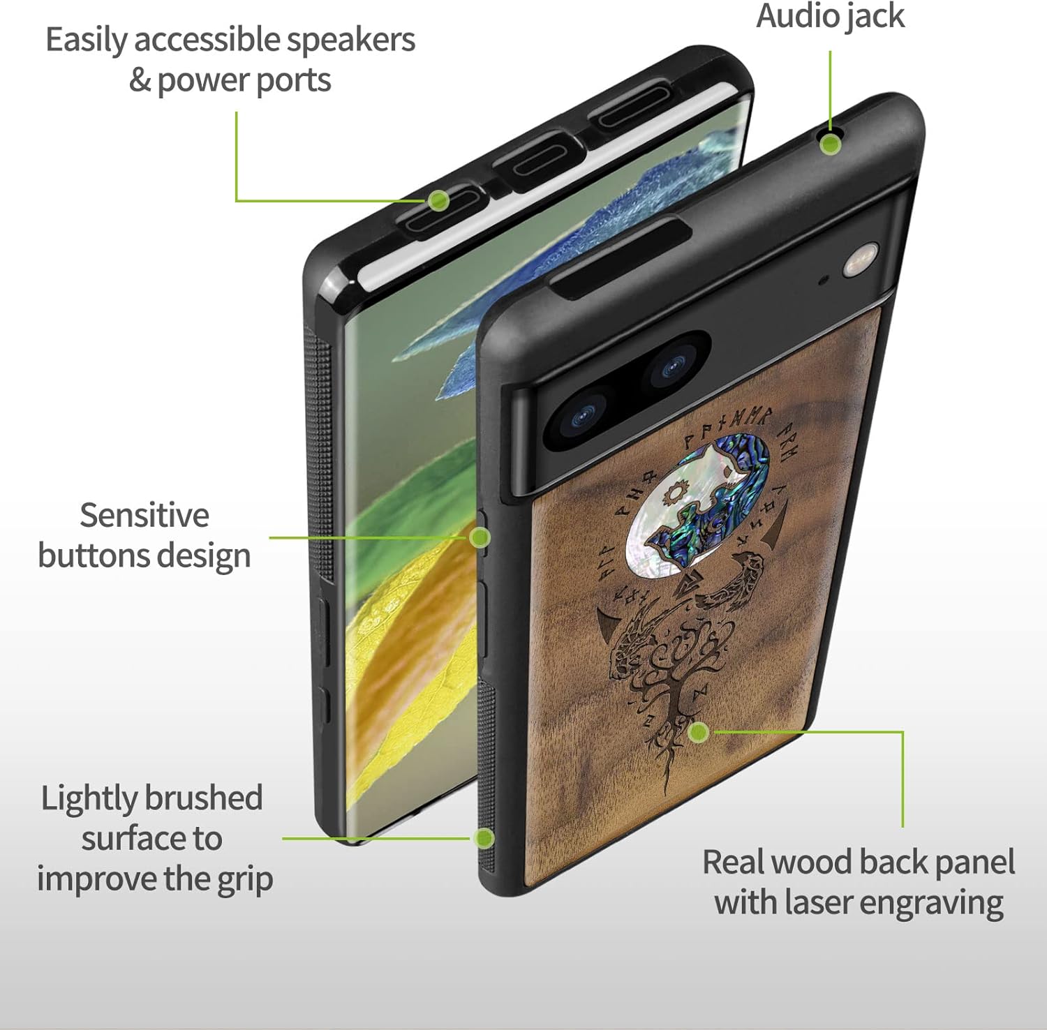 Carveit Designer Wooden Case for Google Pixel 7 Case Protective Cover [Wood Engraving & Shell Inlay] Unique Wood Cover Compatible with Wireless Chargers Pixel 7 (Yin Yang Wolf-Walnut)