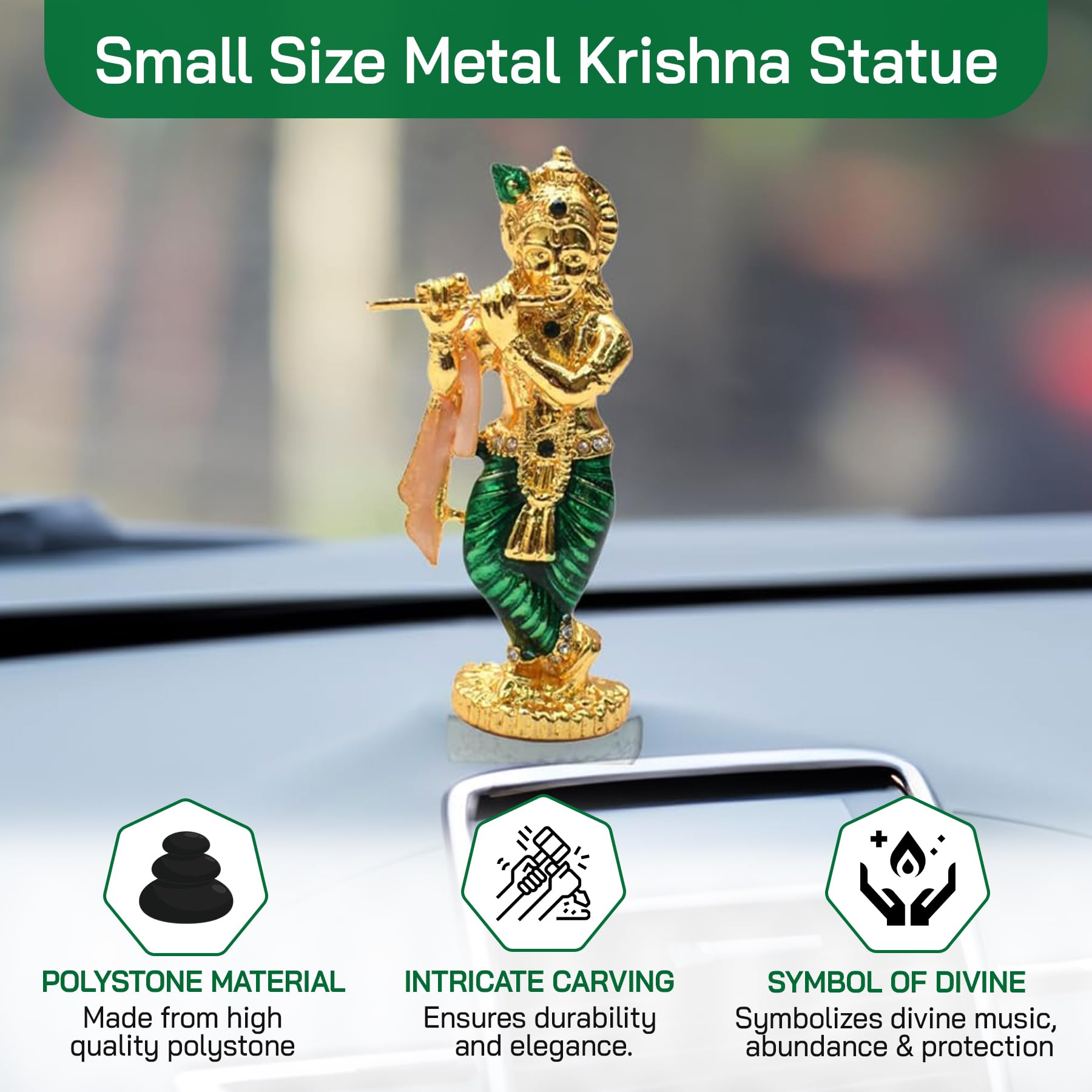 Tarang Arts Lord Krishna Crystal Idol with Flute | Krishna Idol Small comapct Size Metal Krishna Statue for Home, Table Decor, Car Dashboard, Puja, Festivals & Gifts (3x1 Inch, Green) 1
