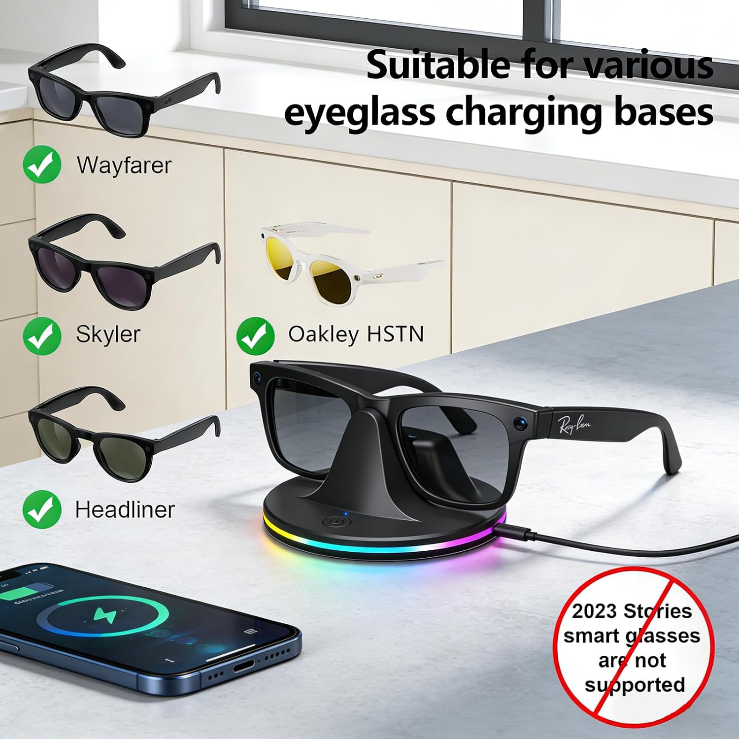 RGB Charging Dock for Ray-Ban Meta Smart Glasses, Compatible with Wayfarer/Skyler/Headliner/Oakley HSTN Series Models Features LED Power Status Indicator and USB-C Charging Cable