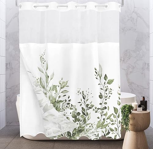 Vista 208 de Tititex - Juego de cortinas de ducha de eucalipto verde oliva, hojas de acuarela en la parte superior con decoración floral de baño, 60 x 72 Hojas