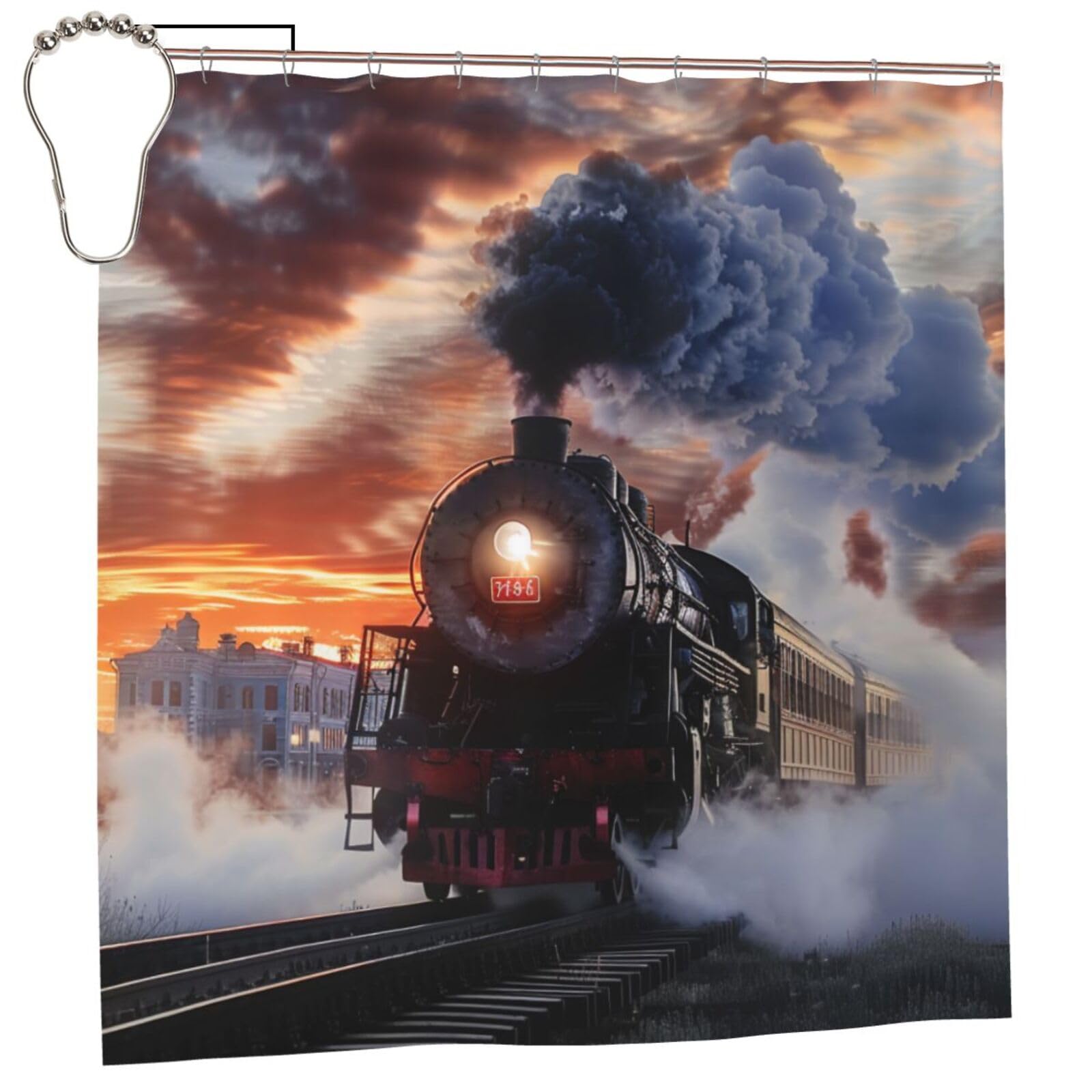 BWWHCCTI Steam Train Depart Sunset Printed Shower Curtain With 12 Iron Hooks Opaque Quick Drying Waterproof Shower Curtains Sets For Bathroom 183x183 CM