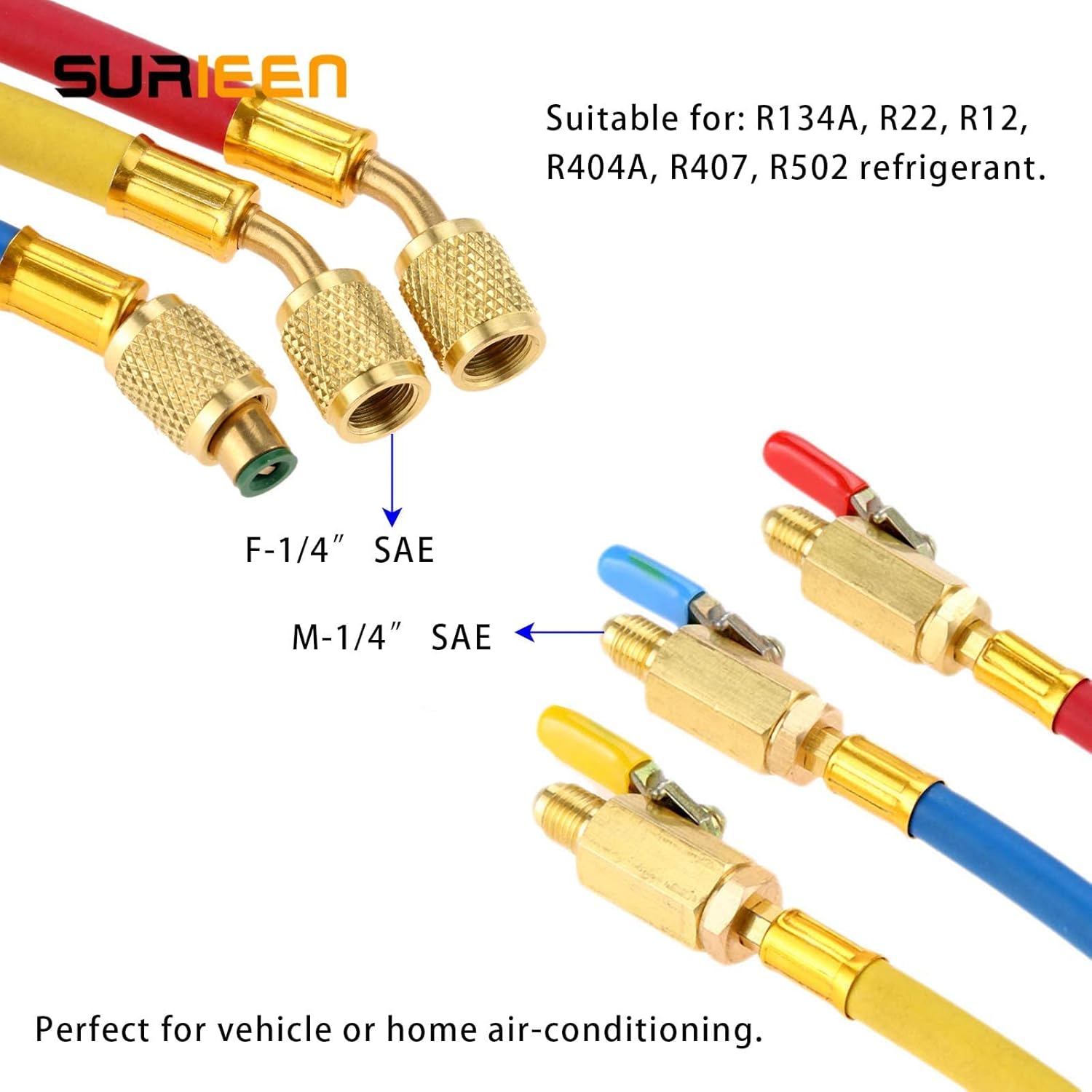 R134A R410A R22 R12 A/C Charging Hoses and Ball Valve Set, HVAC Ball Valve Hoses 1/4" SAE Thread, for Air Conditioning Manifold Gauge 1/4" Thread Hose Set 7" Red/Yellow/Blue (Pack of 3)