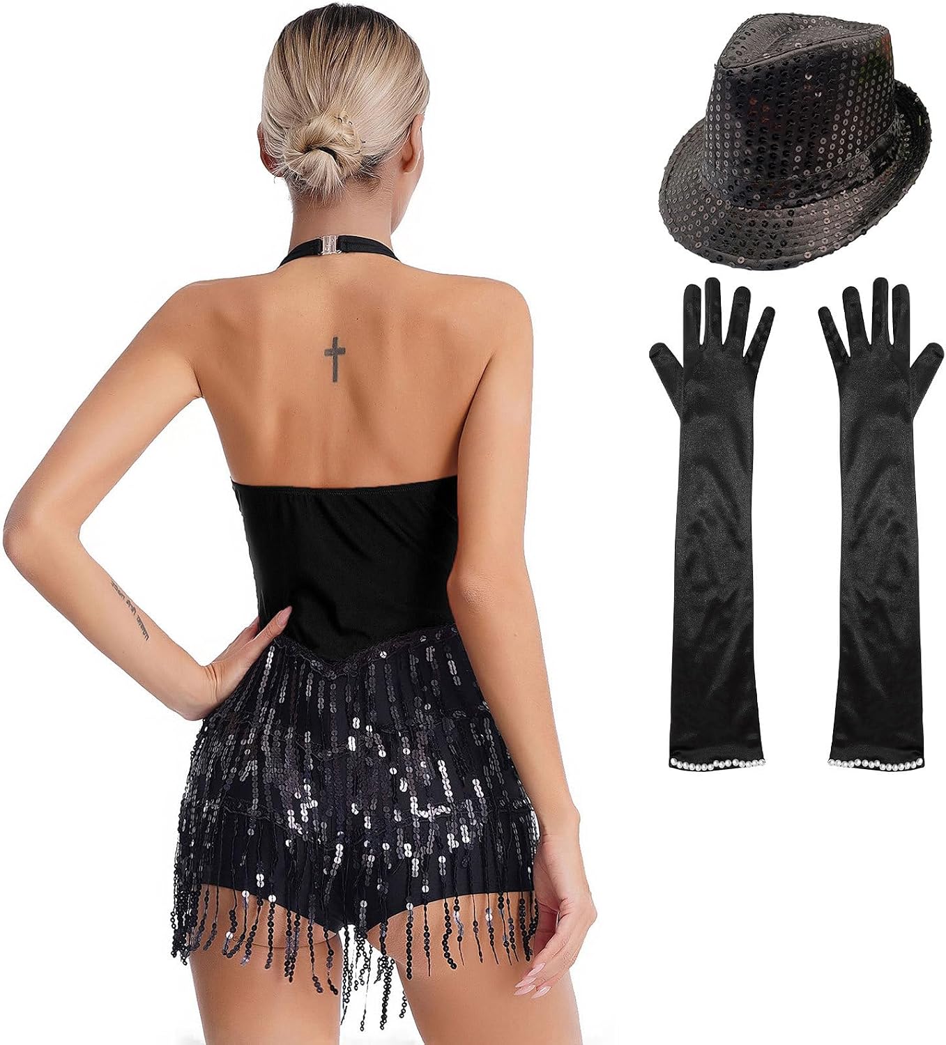 Women's Sparkly Sequins Tassel Latin Dance Dress Leotard Modern Jazz Ballroom Costume with Gloves Hat