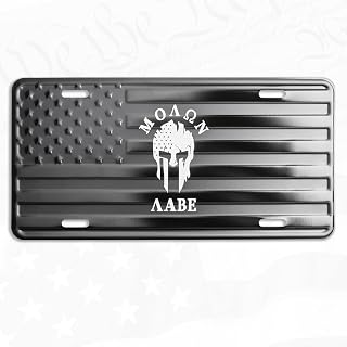 Molon Labe License Plate Tag Laser Etched on Embossed Black on Matt Black American Flag
