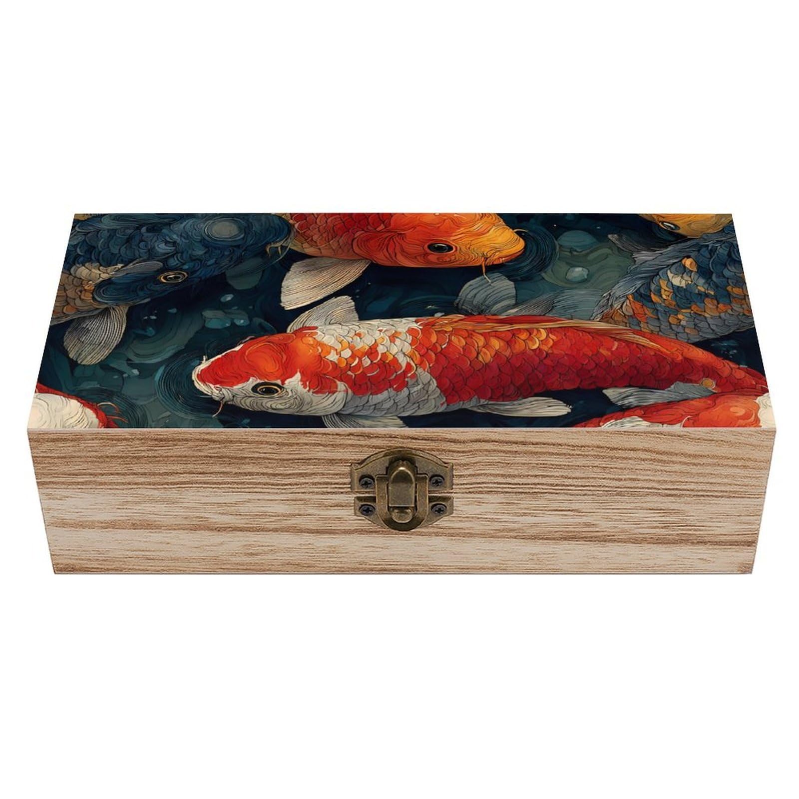 HLBSDM Japanese Fish Ponds Colorful Wooden Storage Box Craft Memory Keepsake Treasure Chest Box Jewelry Organizer