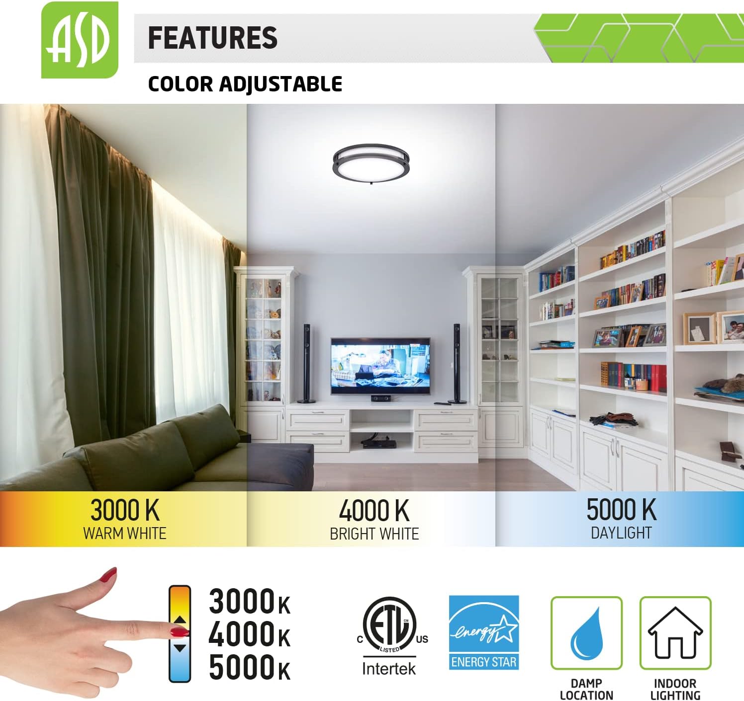 ASD 16 Inch Flush Mount Ceiling Light, 3000/4000/5000K Adjustable, Dimmable LED Close to Ceiling Light Fixture for Kitchen Hallway, Oil Rubbed Bronze, 24W (190W Eqv.), 1854 Lm, Energy Star, ETL - - 