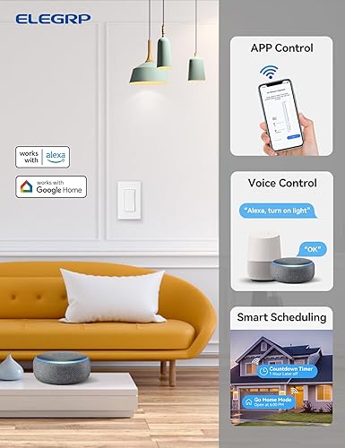 Miniatura 2 de ELEGRP Interruptor de luz inteligente DTR30, un solo polo o 3 vías, atenuador táctil Wi-Fi de 2.4 GHz compatible con AlexaGoogle Assistant, necesita