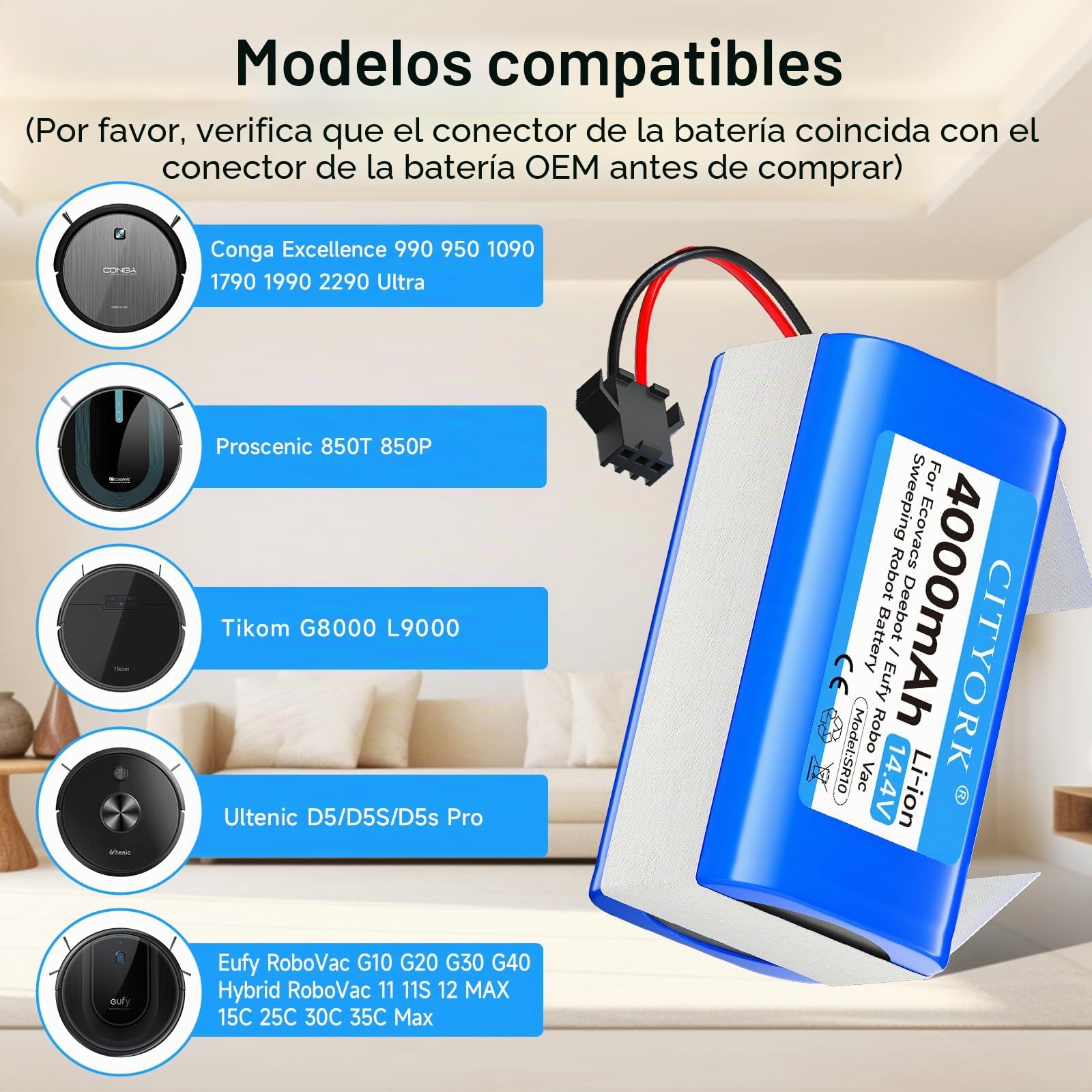 CITYORK 14.4/ 4000mAh Batería para Cecotec Conga Excellence 950 990 1090 1790 1990 2290 Ultra Bateria, para Lefant T700, para Proscenic 850T 850P, para Honiture G20, para Ultenic D5/D5s/D5 Pro