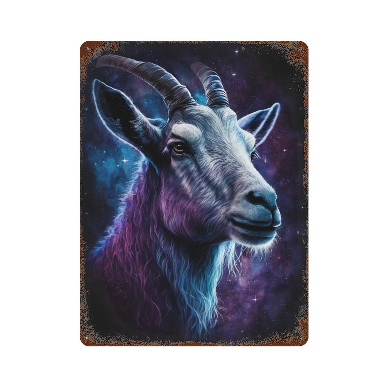 Aged Metal Wall Plaque with Galactic Goat Portrait-4 Design 15.7"x11.8", for Farmhouse, Kitchen And Entryway Decor, Old School Wall Decor