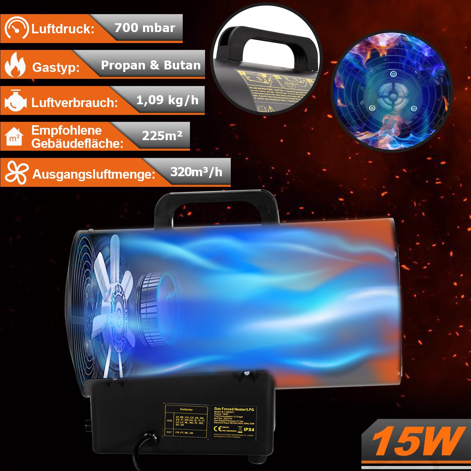 Gasheizgebläse 15 KW Gasheizer Heizkanone,gasheizung für innenräume, 700 mbar Gasheizstrahler inkl. 1.2m Verbindungschlauch, IPX4, Bauheizer für Gasflasche, Strahlungsbereich ca.225㎡