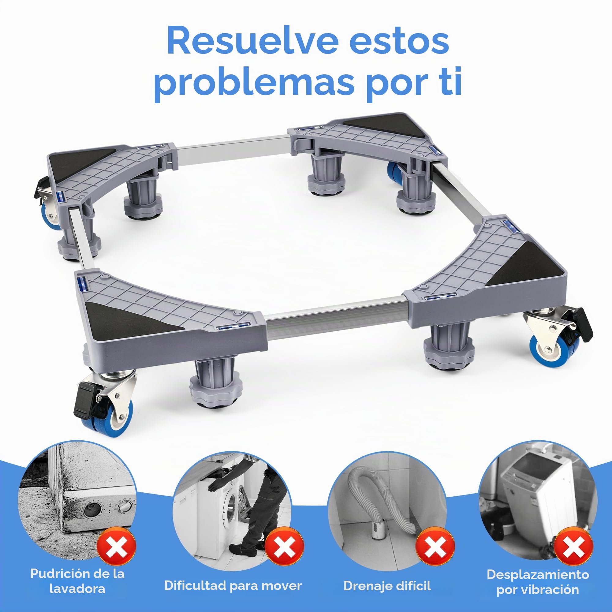 Base Lavadora Con 8 Patas Y 4 Ruedas, Soporte Lavadora Secadora | Antideslizante Y Amortiguadora, Tama O Ajustable(42-66 cm), Plataforma Con Ruedas Capacidad (Carga de 300 kg)