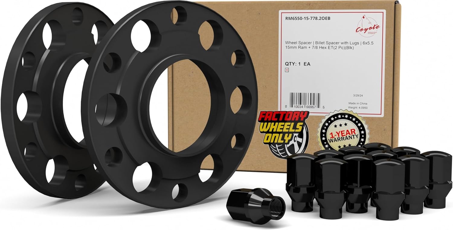 Wheel Accessories Parts 2 Hub Centric Billet Wheel Spacers 15mm Thick (6x5.50) 6x139.7mm 77.80 Hub Includes 12 Pcs M14x1.5 Black ET Lug Nuts Fits Jeep Wagoneer Grand Wagoneer RAM 1500