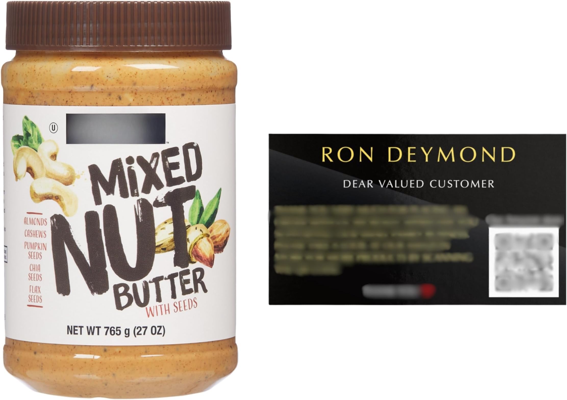 KS Mixed Nut Butter 27 oz made of almonds, cashews, pumpkin seeds, chia seeds & flax seeds, with RON DEYMOND Card