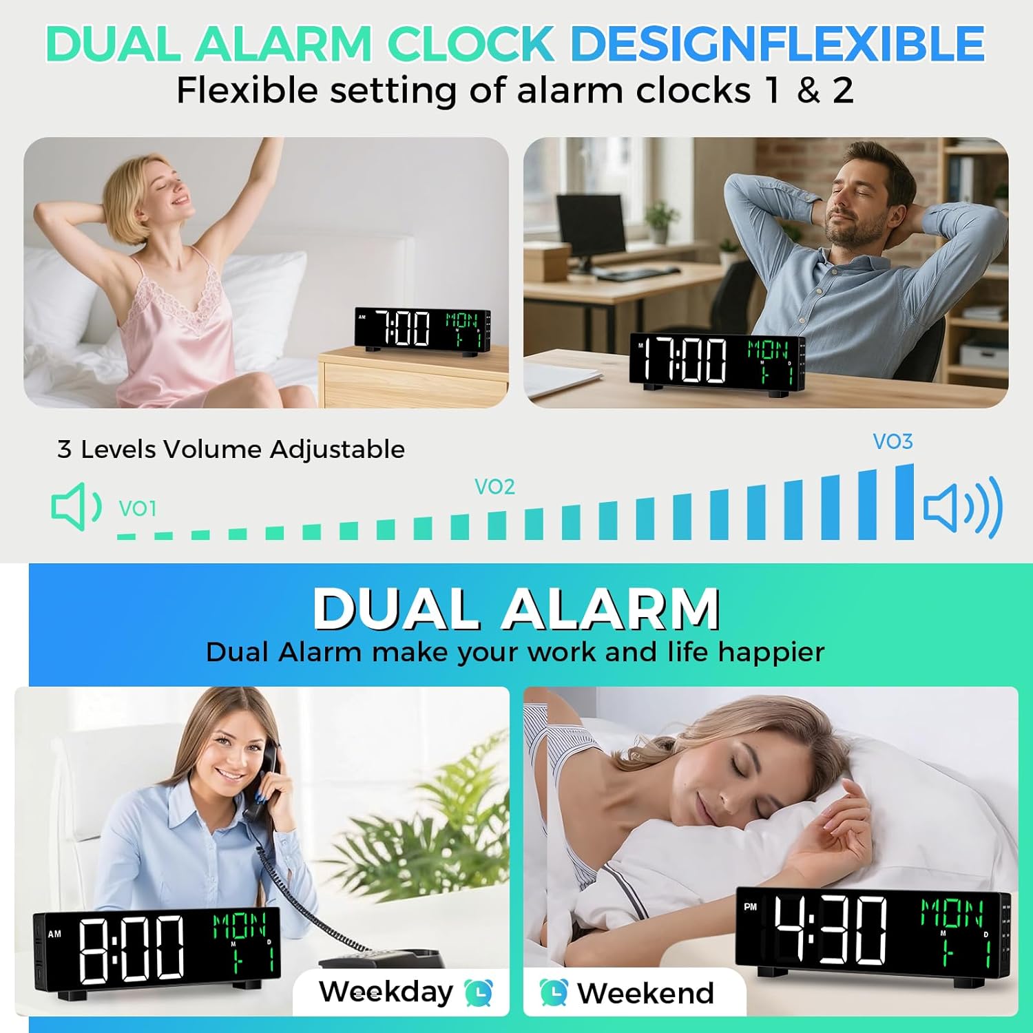 Digital Clock, Digital Wall Clock for Living Room Decor, Large Display with Date Temperature & Week, Auto Dimmable LED for Bedroom, Living Room, Office, Electric Plug in with Adjustable Alarm, DST