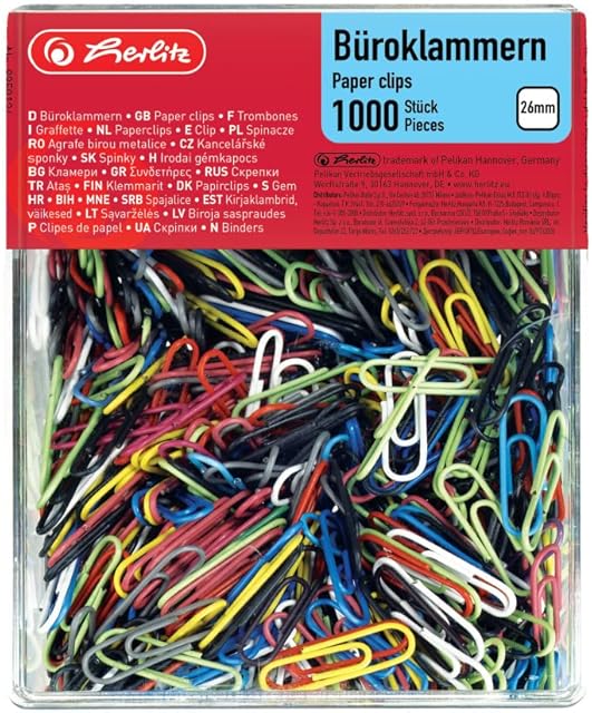 Herlitz 8859134 spinacze biurowe 26 mm, 1000 sztuk w praktycznym opakowaniu, posortowany według kolorów