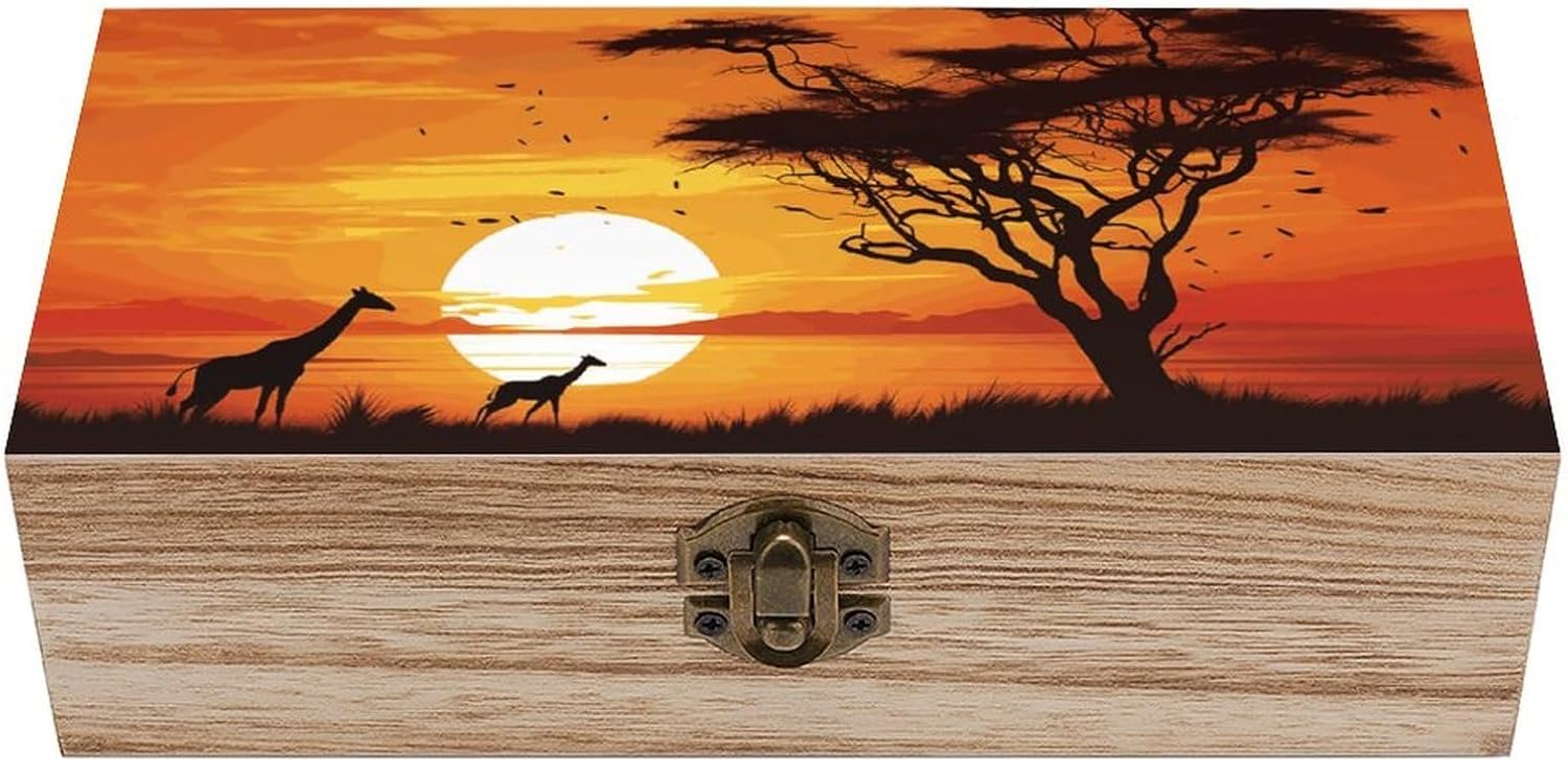 Wooden Box with Hinged Lid - Funny African Sunset Keepsake Memory Boxes Natural Craft Storage Organizer for Jewelry, Art Supplies, DIY Projects | Handmade Gift Box for Home