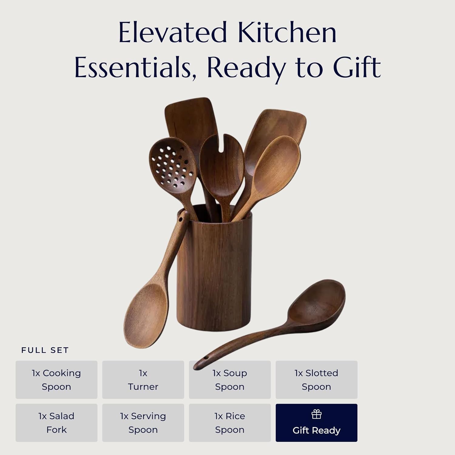 JazzUpCo Handcrafted Teak Wood Kitchen Utensils Set of 7, Non-Toxic Eco-Friendly Cooking Tools, Scratch-Safe for Non-Stick Cookware, Modern Milan-Designed Wooden Spatulas, Spoons & Serving Utensils