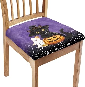 Halloween Chair Covers Black Cat Chair Seat Pads Pumpkin Ghost Chair Covers Protective Halloween Decorations Indoor Cushion Slipcover Replacement, 2 Pack