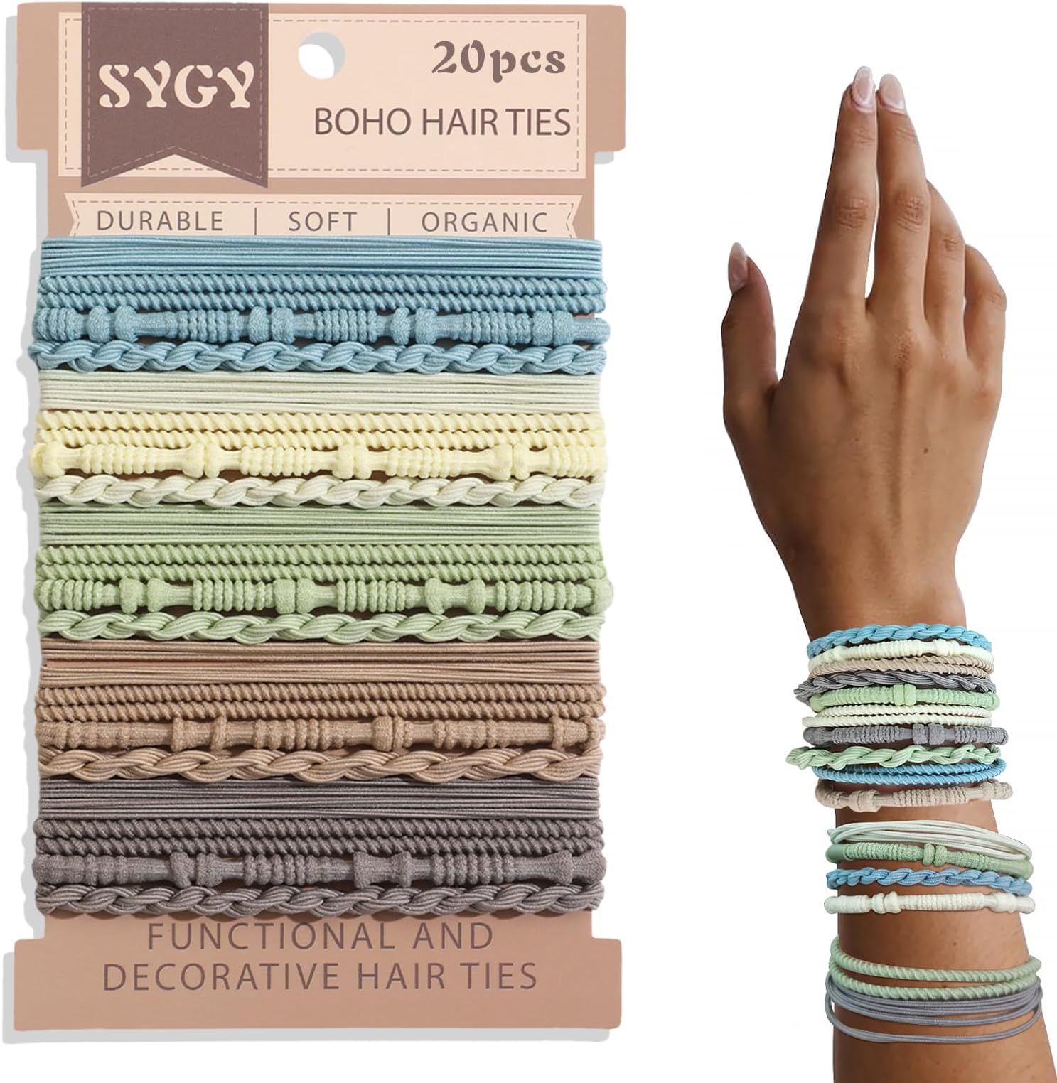 SYGY 20 PCS Boho Hair Ties, Light Color Scrunchies for Thick or Thin Hair, 4 Styles Hair Ties for Ponytail Holders, 2.36" Hair Scrunchies No Damage