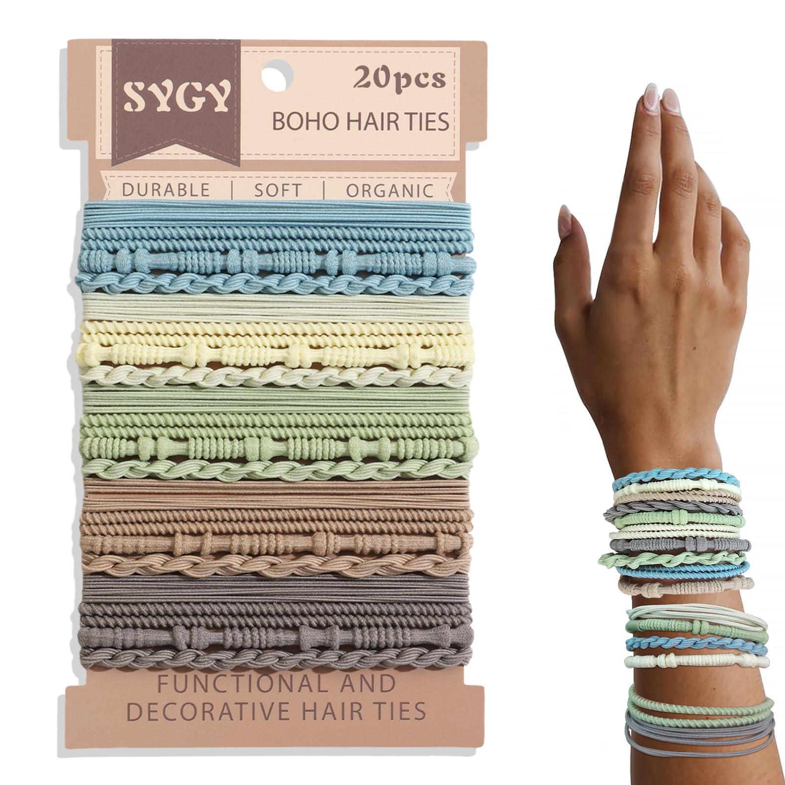 SYGY 20 PCS Boho Hair Ties, Light Color Scrunchies for Thick or Thin Hair, 4 Styles Hair Ties for Ponytail Holders, 2.36" Hair Scrunchies No Damage