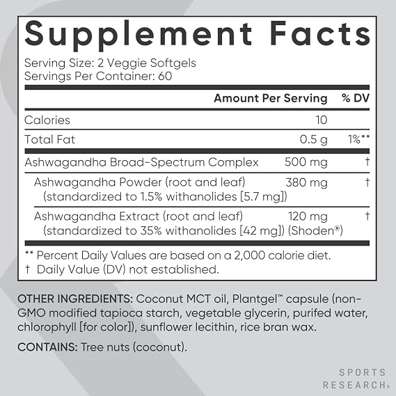 Sports Research Ashwagandha w/Coconut MCT Oil, 120 Softgels